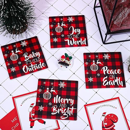 Miniatura 5 de Whaline Juego de 4 posavasos de Navidad cuadrados a cuadros rojos y negros, tapete de cerámica para decoración de mesa de cocina del hogar, 4 x 0.3