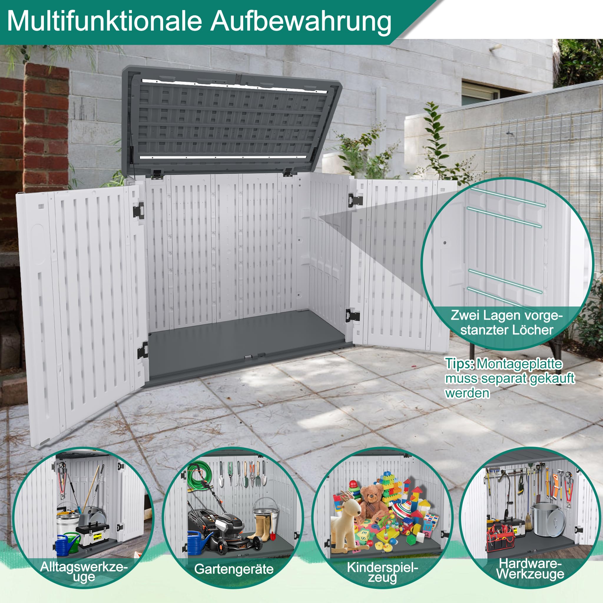Aufun Gartenschrank 130x75x100 cm Gartenbox Mülltonnenbox Weiß Aufbewahrungsbox für 700 Liter Fassungsvermögen, Wetterfest und UV-beständig, pflegeleicht Geräteschuppen für Gartengeräte Rasenmäher Garten