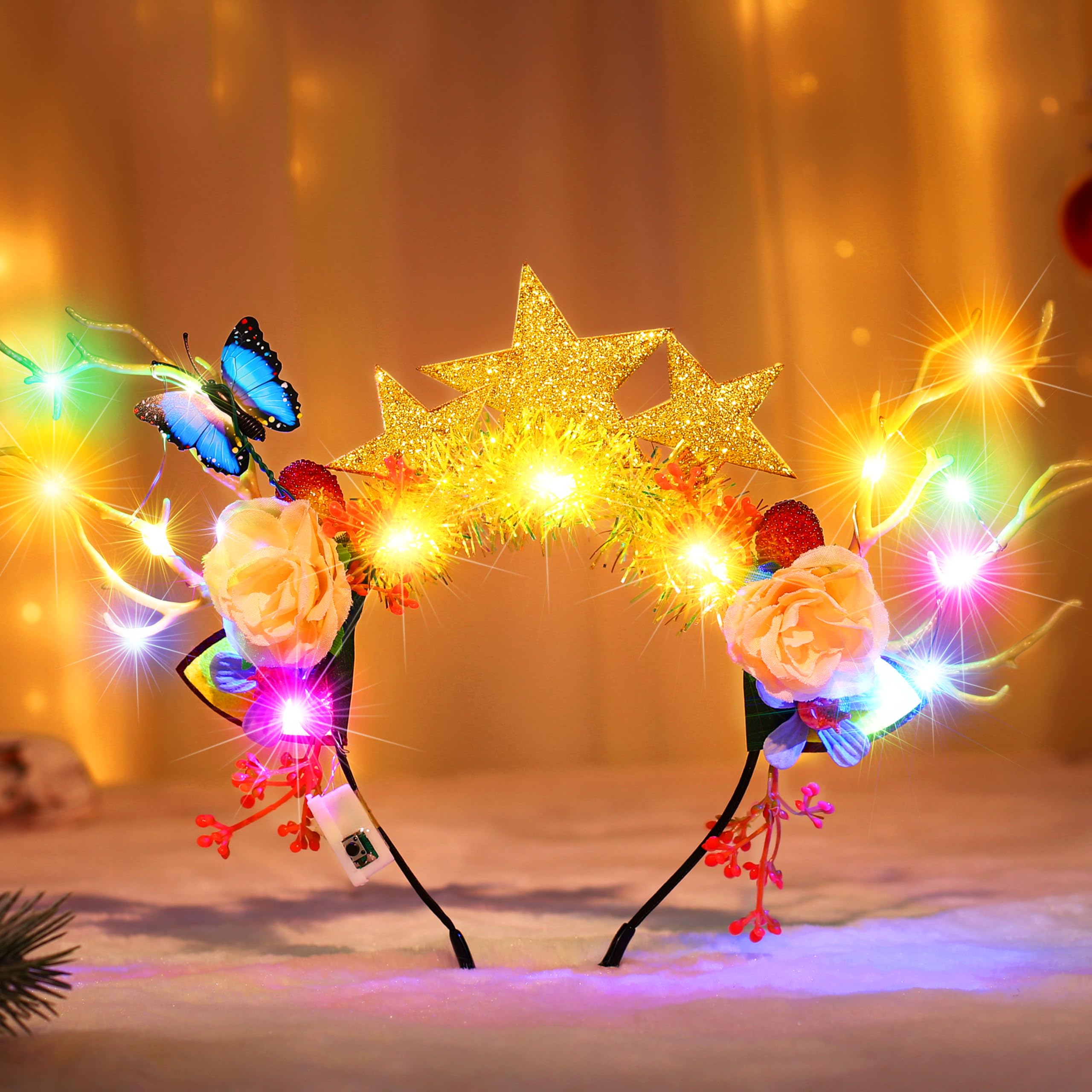 Fashband Diademas navideñas iluminadas con astas de reno Diadema con estrellas LED y flores Diadema para festivales Fiesta Navidad Accesorios para el cabello para mujeres y niñas