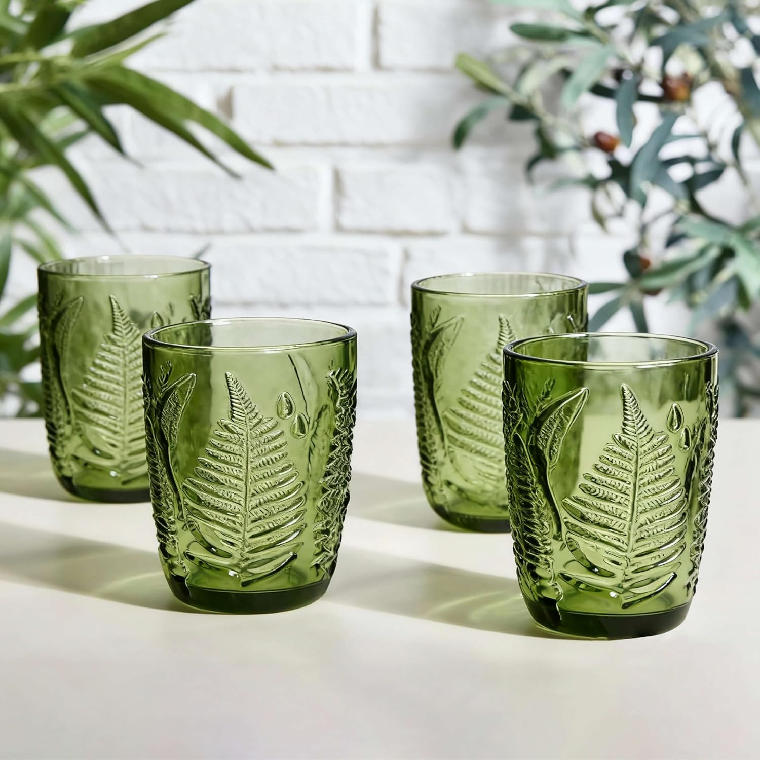 Vintage Leaf Pattern Glass Tumblers, Set of 4, 10oz Green Embossed Drinking Glasses, Retro Lowball Water Cups for Home or Bar (4, Green) - Image 2