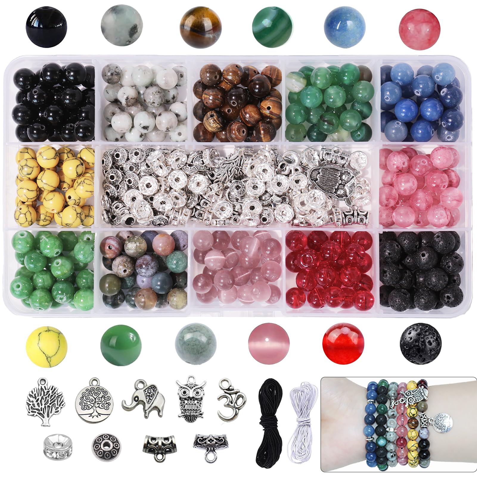 BLAESIFF Natural Stone Beads for Bracelet Making, 8mm Round Crystal Beads 12 Color Gemstone Bead Jewelry Making Kit with Accessories for Jewelry Bracelets Necklace Earring Making, DIY Craft kit