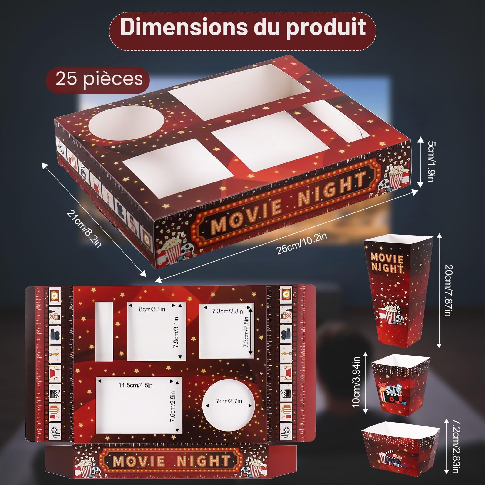 Plateaux à Goûter Movie Night, inclure 25 Plateaux à Goûter, 25 Boîtes à Pop-corn, 25 Saladiers, 25 Bols à Nachos pour Soirée Cinématographique, Fête sur, Fête D'anniversaire (A)