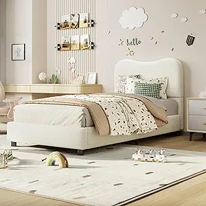 GarveeHome Twin Bed Frame for Kids with Velvet Upholstered Headboard, Cute Low Profile Platform Bed for Girls and Boys, No Box Spring Needed, Strong Wooden Slats, Noise Free, Easy Assembly, Beige