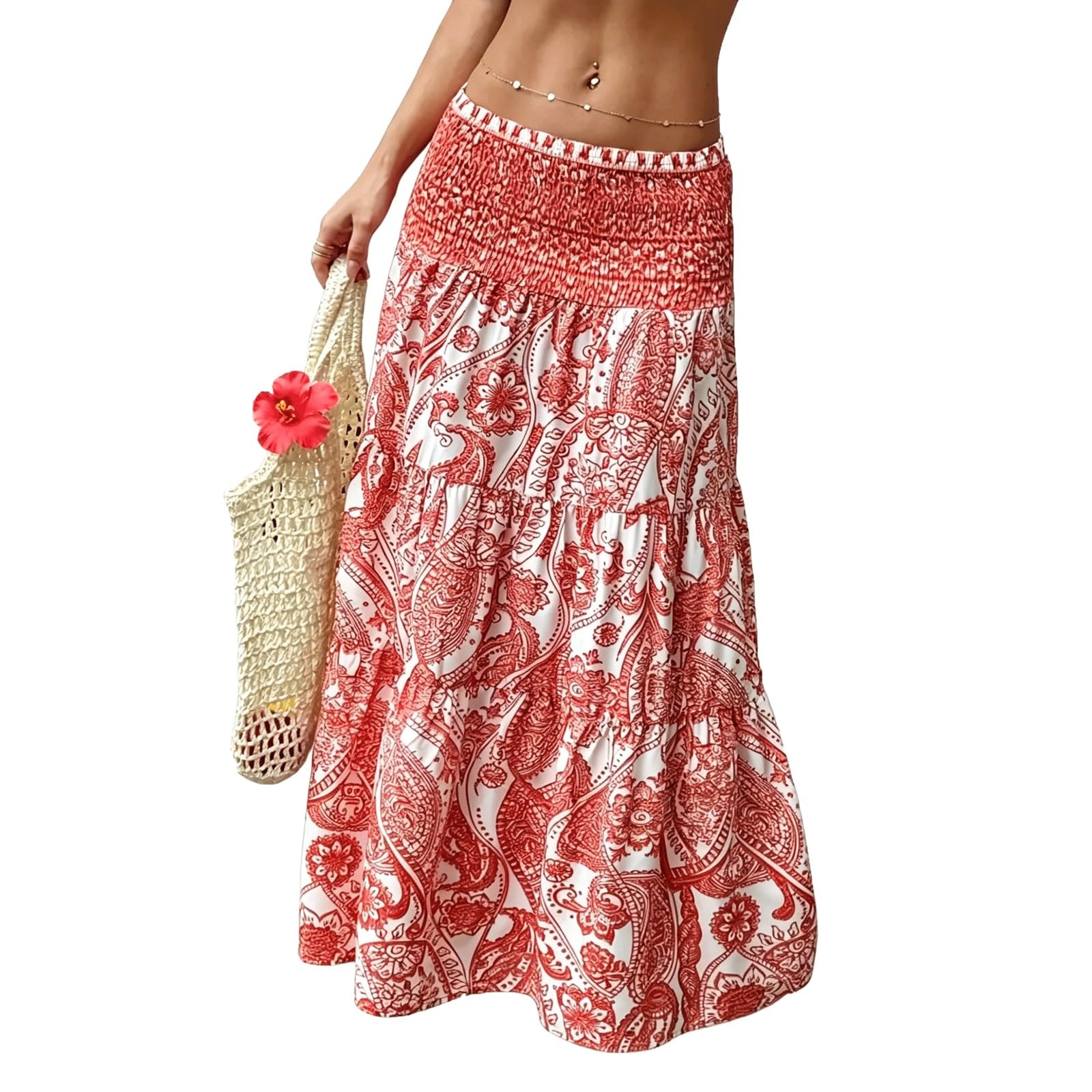 DUddTTW Women's Maxi Skirts A-line High Waisted Midi Long Skirt Printed Floral(Rot,Lagre)