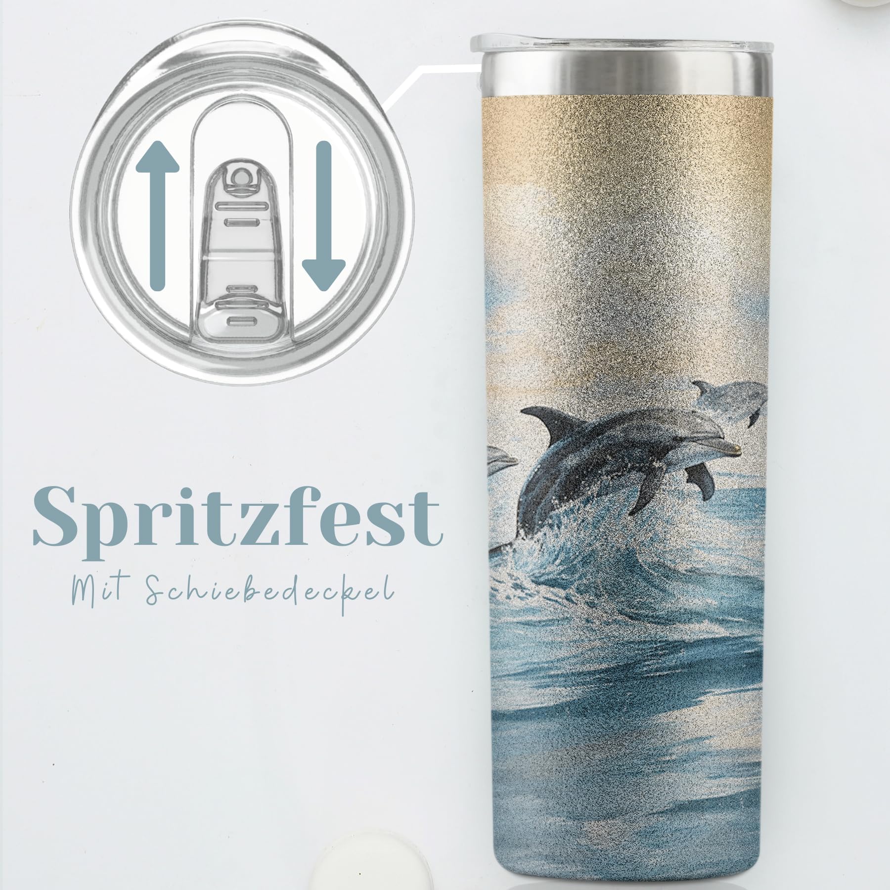 Onebttl Strandbecher Aus Edelstahl – 590 Ml, Doppelwandig Mit Deckel & Strohhalm, Ocean Dream Schwarz