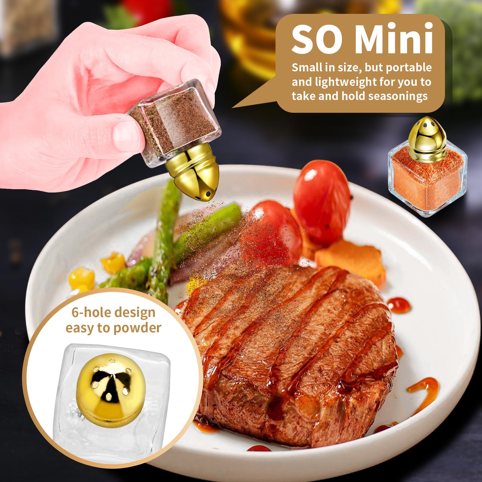 Lot de 100 mini salières et poivrières en vrac de 14,2 g, petits cubes en verre avec couvercle en acier inoxydable pour cuisine, restaurant, voyage, maison, camping, fête (doré)