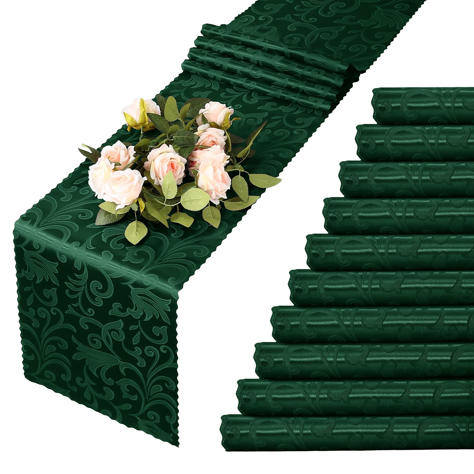 MILVOWOC 12 Pack Emerald Green Satin Table Runner, 12 x 72 Inch Jacquard Damask Table Runner Rectangle Bright Silky Decorative Table Runner for Party