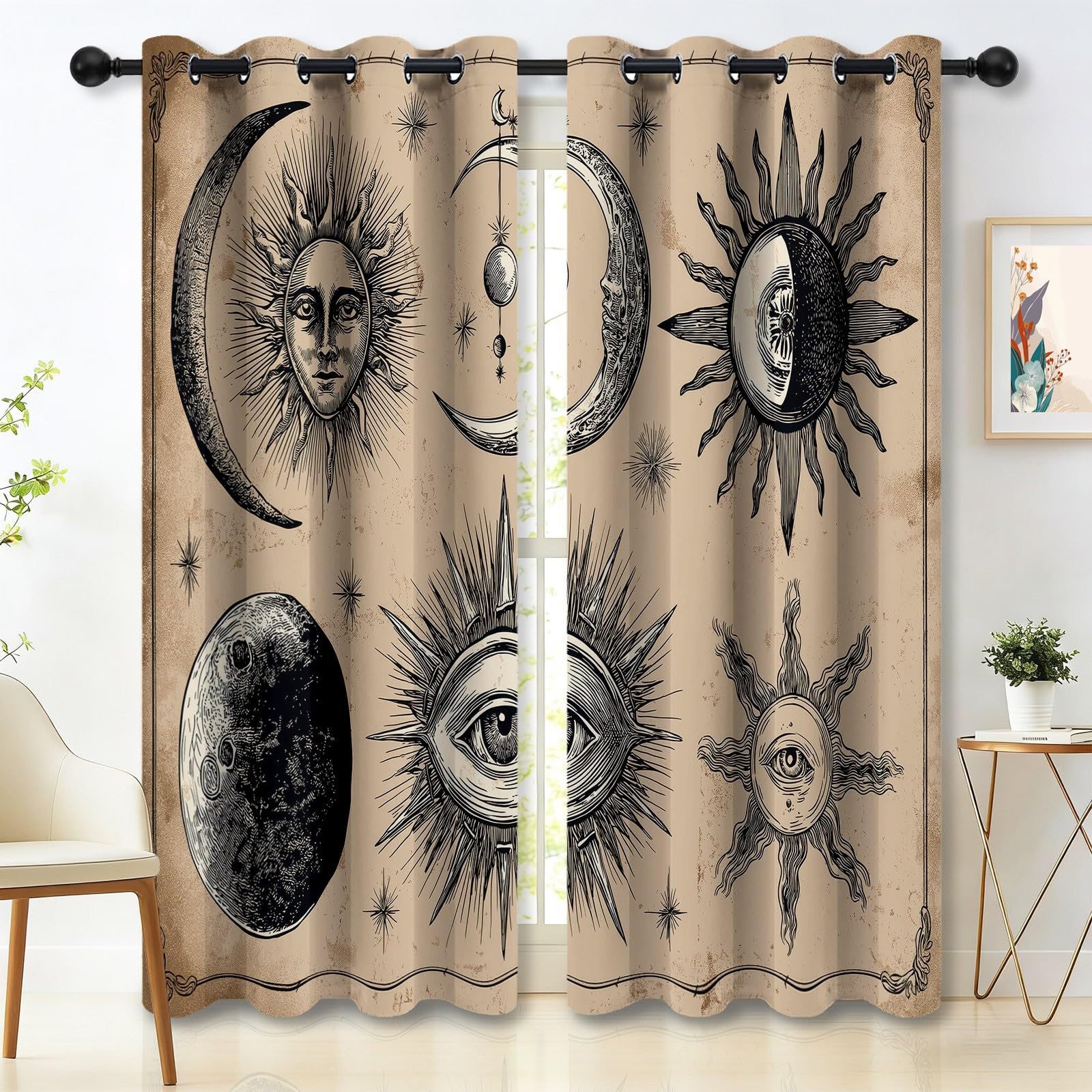 Retro Blickdicht Vorhänge Hellbraun, Wärmeisoliert UV-Schutz vorhänge mit Himmelselemente Sterne Muster, Verdunklungsvorhänge mit ösen für Wohnzimmer Schlafzimmer Deko, H 175 x B 140 cm (2er Pack)