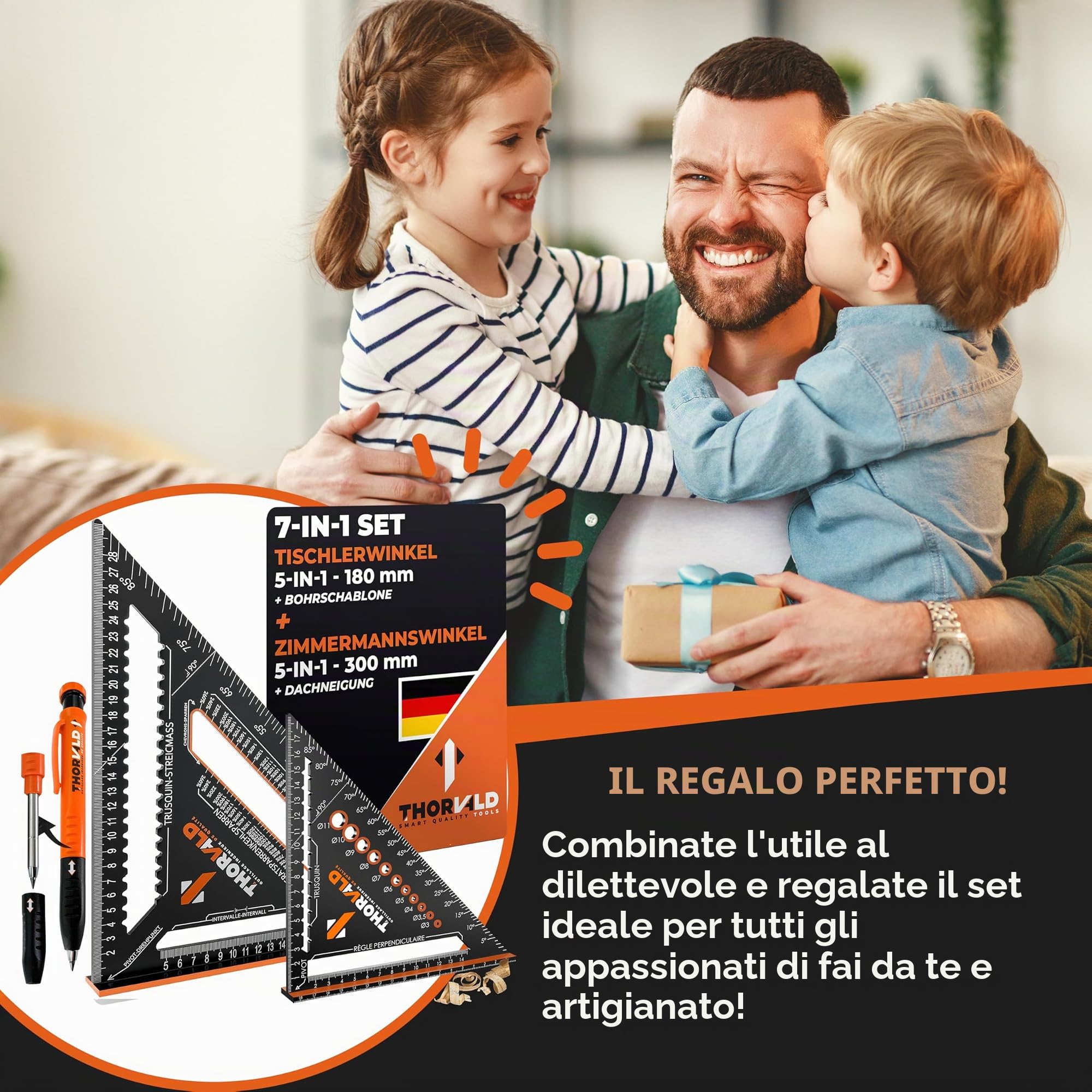 THORVALD Squadra da carpentiere 7 in 1, set da 300 mm + 180 mm, goniometro quadrato di prova, include marcatore per fori profondi, angolo in alluminio per marcatura e disegno precisi/multifunzionale