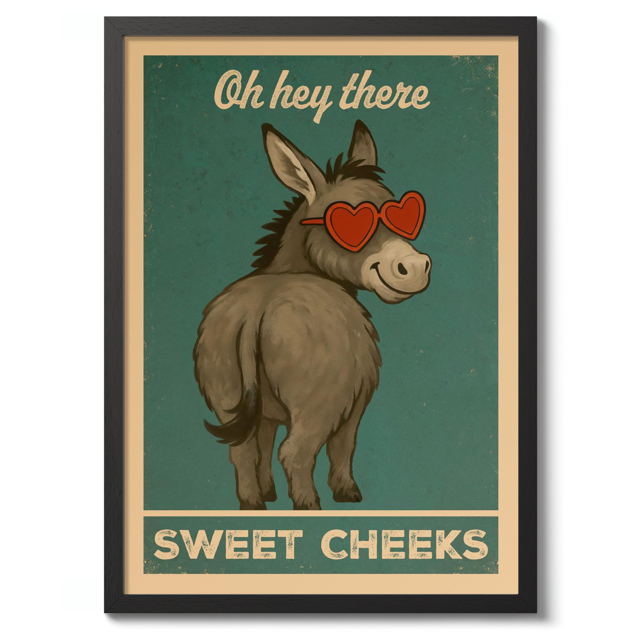 Oh Hey There Sweet Cheeks Donkey Poster, Retro Animal Bathroom Print, Comedy Toilet Wall Art, A4 (Black Frame) - 32.7x24.1cm