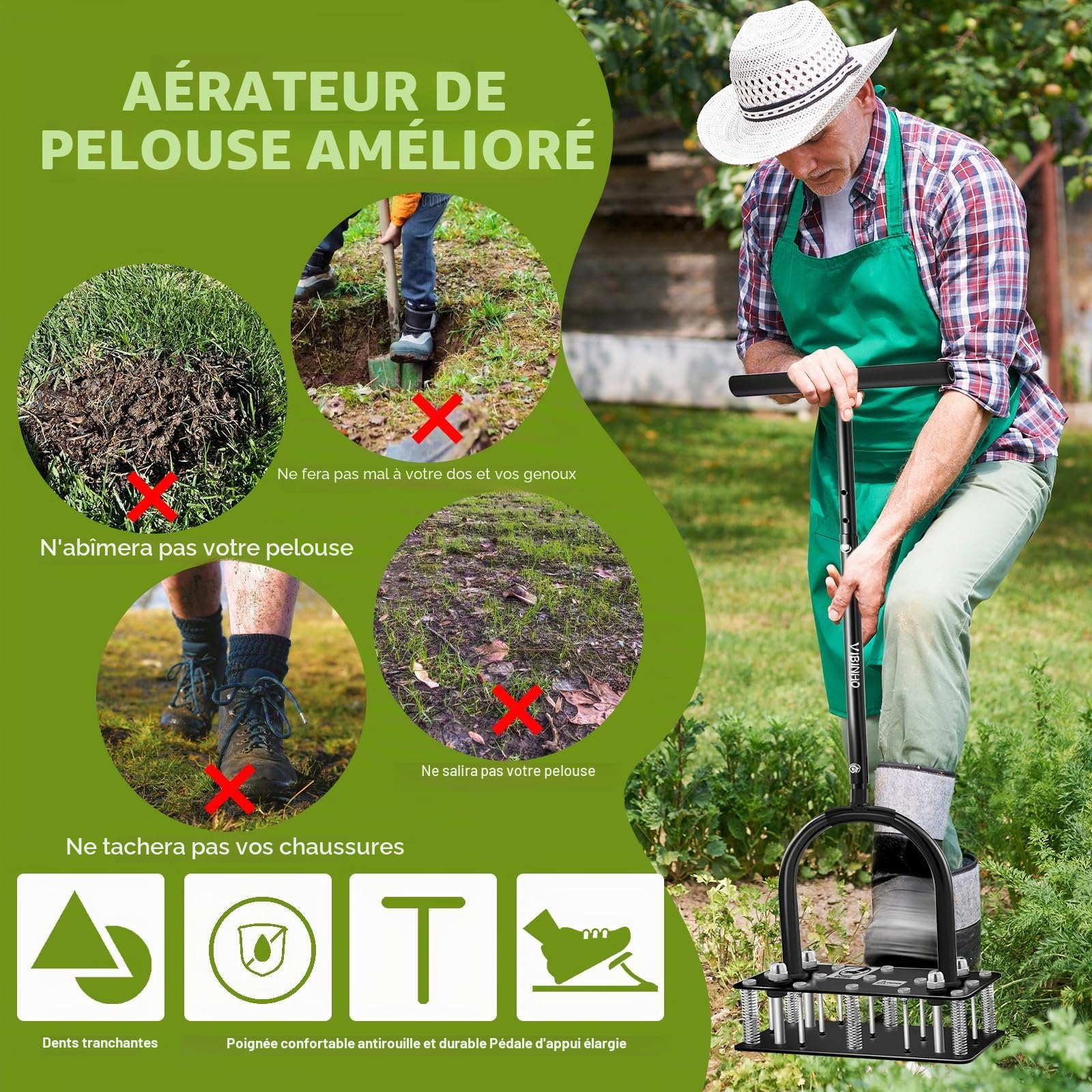 Aérateur Gazon, 15 Pointes en Fer Aérateurs de Gazon Manuels, Nettoyage Automatique des Feuilles et des Saletés, Réglable en Hauteur Aeratore Prato pour Entretien de la Pelouse, Jardin