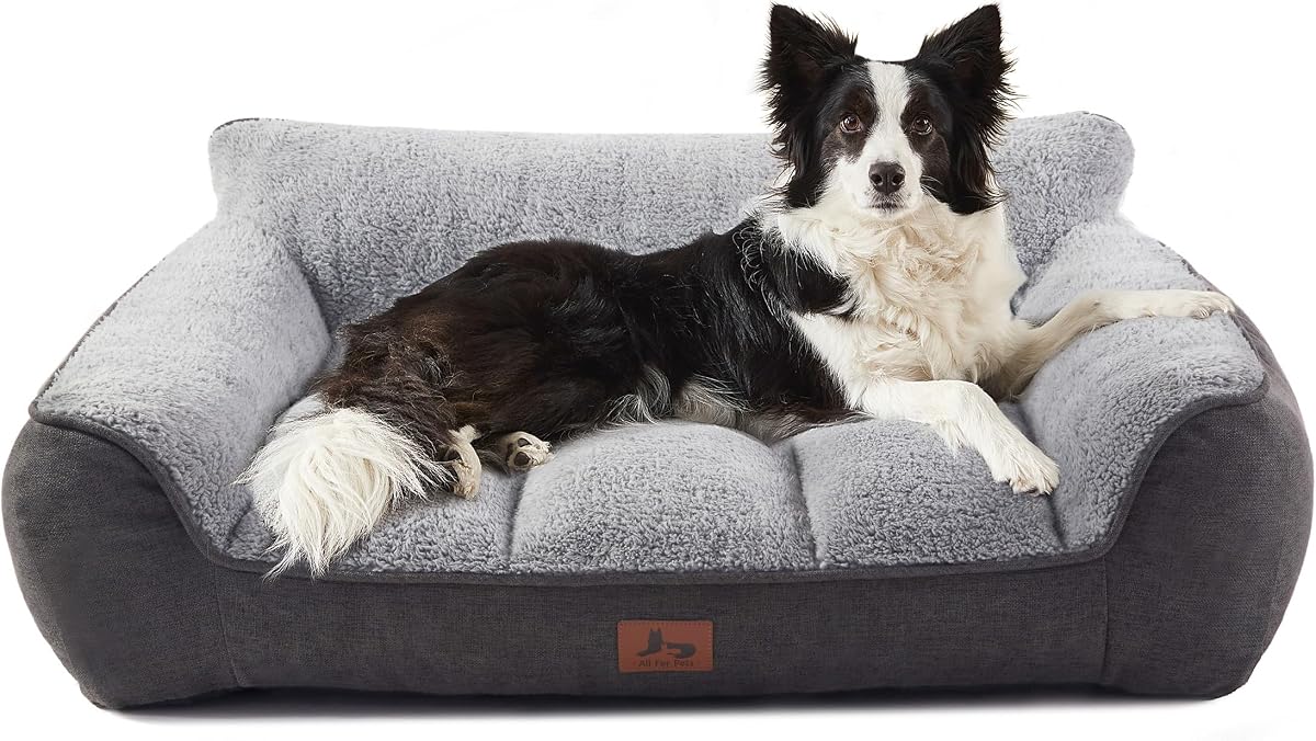 XL Extra Thick Orthopedic Bolster Dog Bed for Large Dogs | 42" Supportive Couch for Senior Dogs, Big Pet Sofa with Soft Sherpa, Waterproof Machine Washable Cover, Non-Slip Bottom, Grey