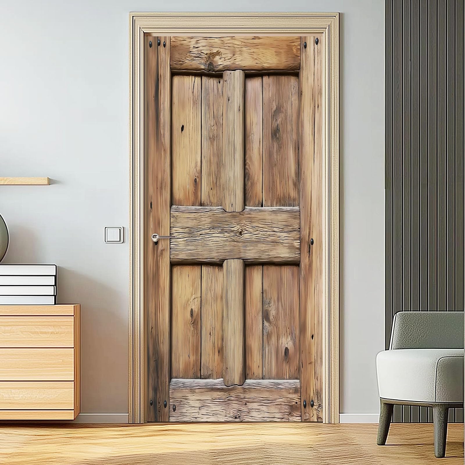3D-Türtapete Türbild Selbstklebend 95 x 215 cm, Alte Holztür Nahaufnahme PVC Wasserdicht Abnehmbar für Küche Bad Büro Wohnzimmer Zimmerwanddekoration Türposter Selbstklebend Türfolie Hellbraunes