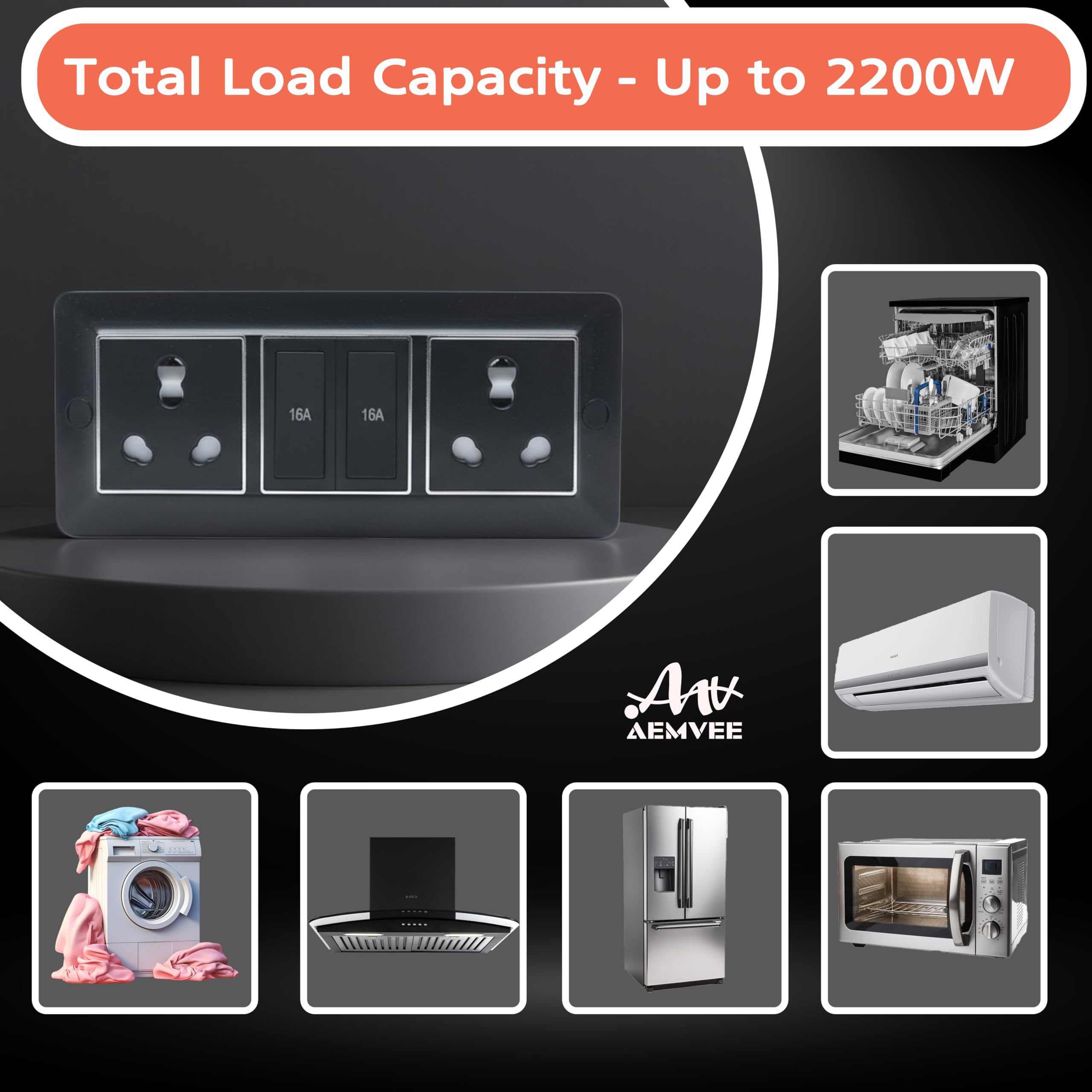 16 Amp Extension Cord - Heavy Duty 1.5 Sq.MM 2 Meter Wire (2200W), 16A Extension Board, Dual 16A/20A Multi Plug Socket with Two Switches(2200W), Ideal for Home Office Use, Board & Switches — Amazon image 7