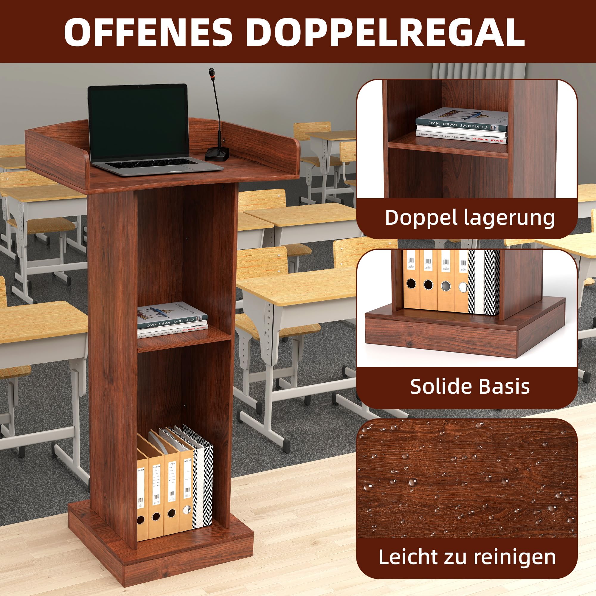 jxgzyy Rednerpult Holz Podium mit 2 Stöckig Aufbewahrungsregal Podiumständer 60cm × 41cm × 120cm für Klassenzimmer, Büro, Restaurant, Seminar, Hochzeit, Kirchen
