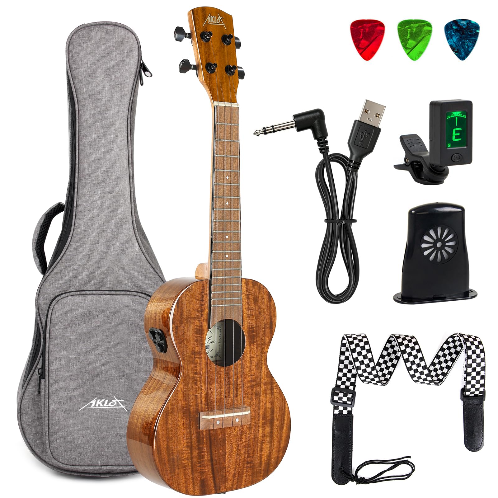 AKLOT All-Solid Acacia Elektrische Ukulele, 58,4 cm, Konzert-Ukulele, super warmer Ton für professionelle Anfänger und Erwachsene, Ukulelen-Set mit kostenlosen Online-Kursen, Gigbag, Gurt, Stimmgerät