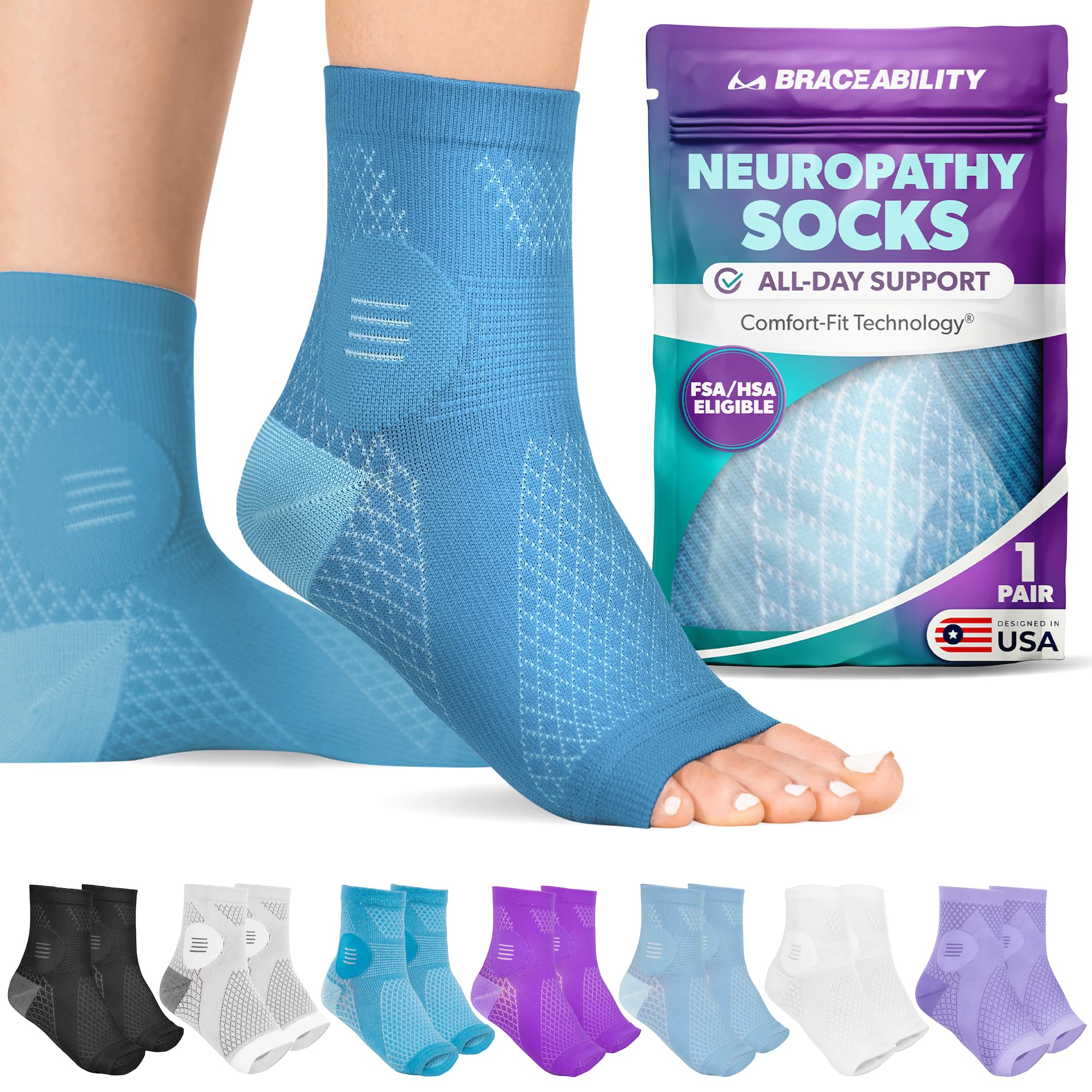 BraceAbility Neuropathy Socks (Pair) - Peripheral Neuritis Compression Diabetic Toeless Foot Sleeves for Nerve Damage Pain in Feet, Ankle Gout, Plantar Fasciitis Relief Brace for Men and Women (M - Teal)