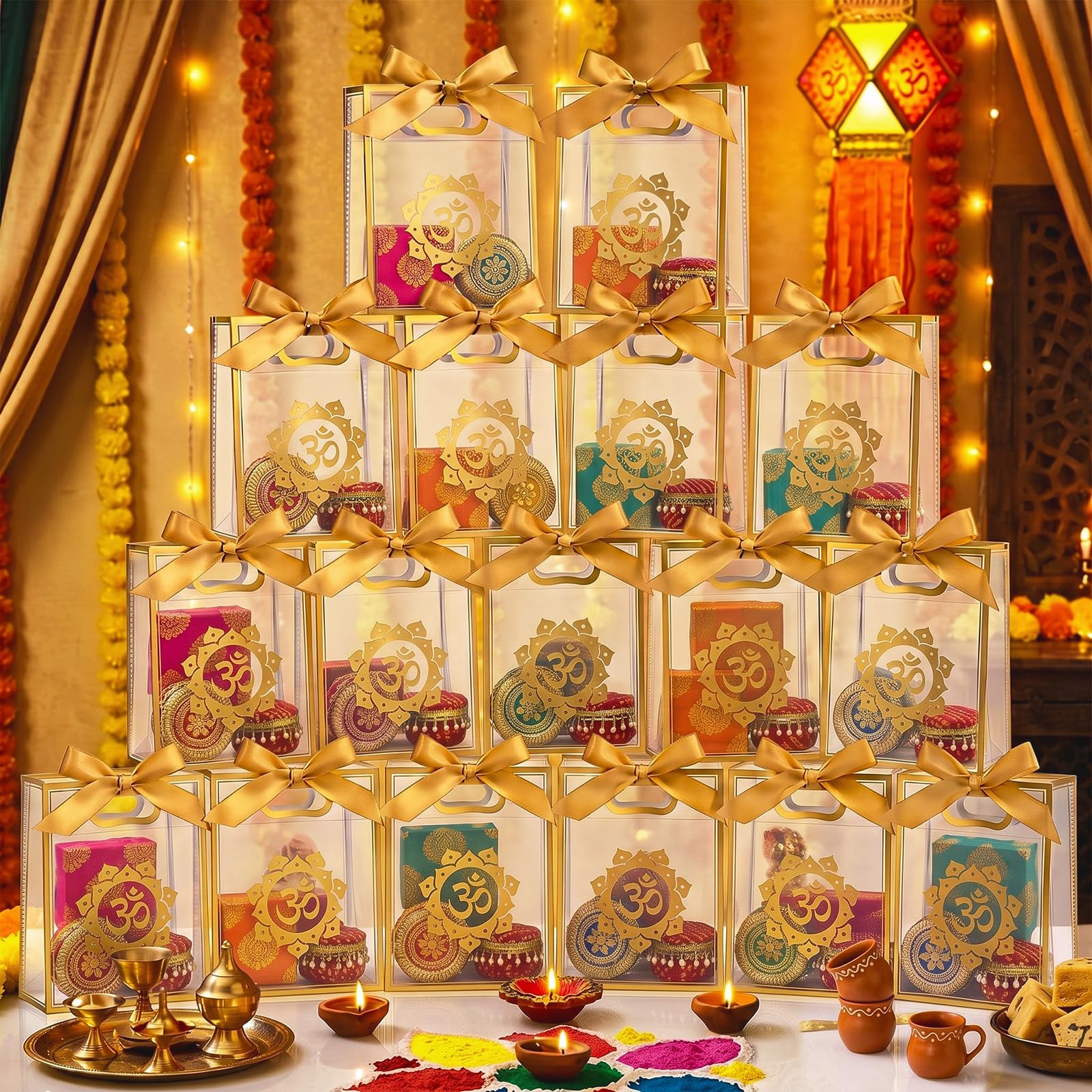 Bulyoou 24 Pcs Indian Return Plastic Gift Bags for Wedding Bulk 10 x 7 Inches Hindu Religious Pooja Wedding Party Favor Bags with Handle Small Diwali Pouch for Indian Pooja Housewarming (Om Symbol)