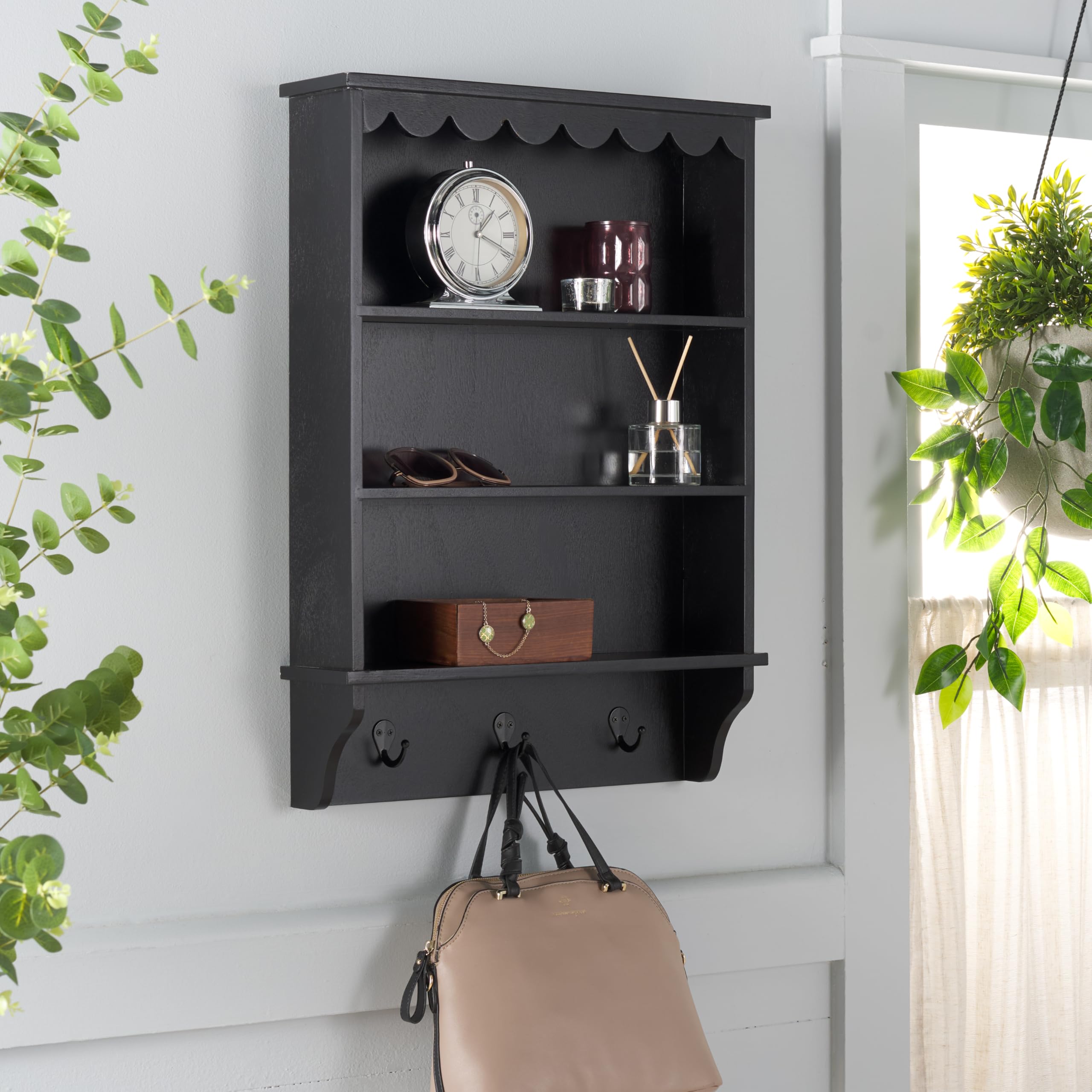SAFAVIEH Home Collection Haven Matte Black 3-Hook 3-Shelf Wall Mounted Rack (Fully Assembled)