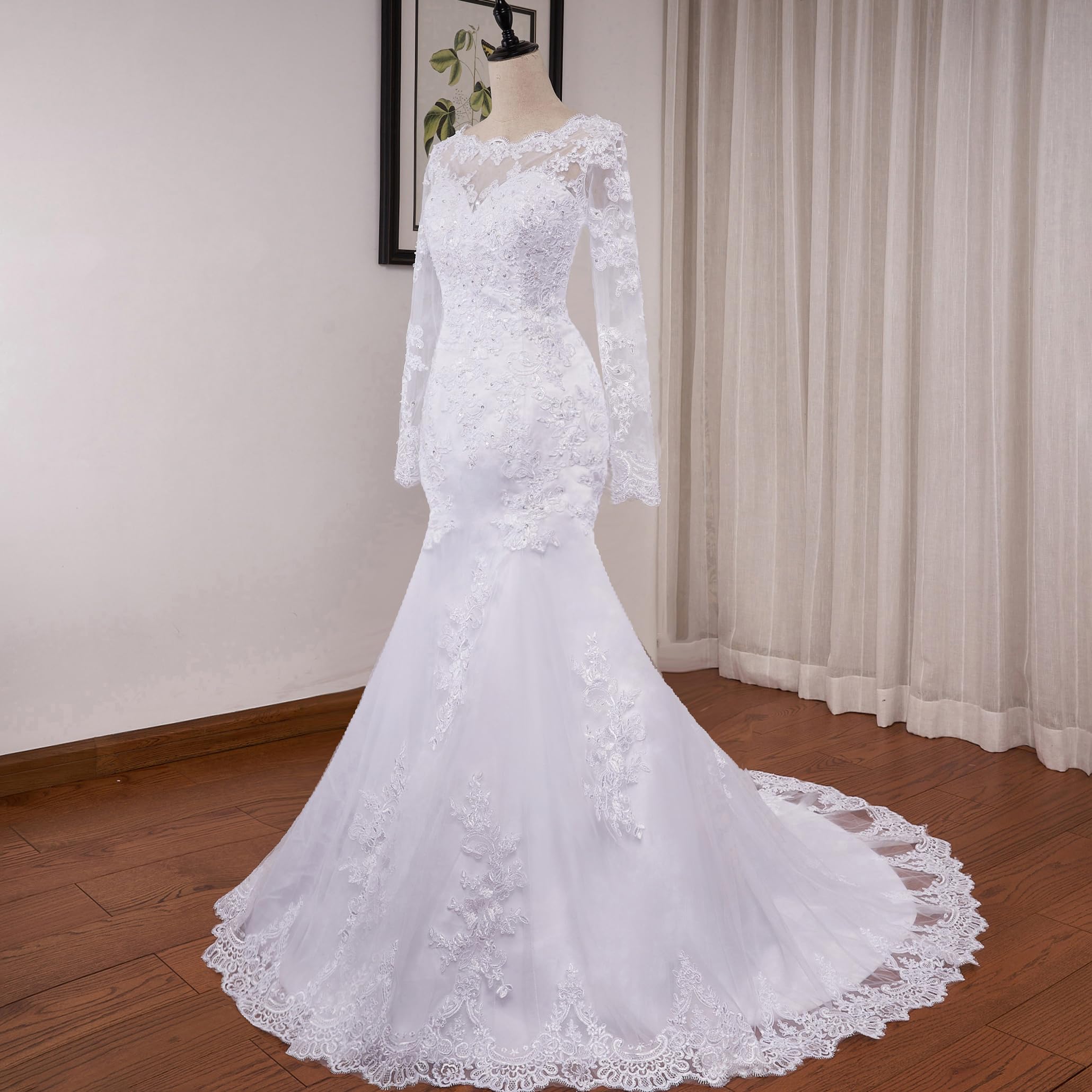 Abito da Sposa Sirena Perline Pizzo Scollo Rotondo Manica Lunga Grand Vestito da Sposa Lungo Treno Me-0325