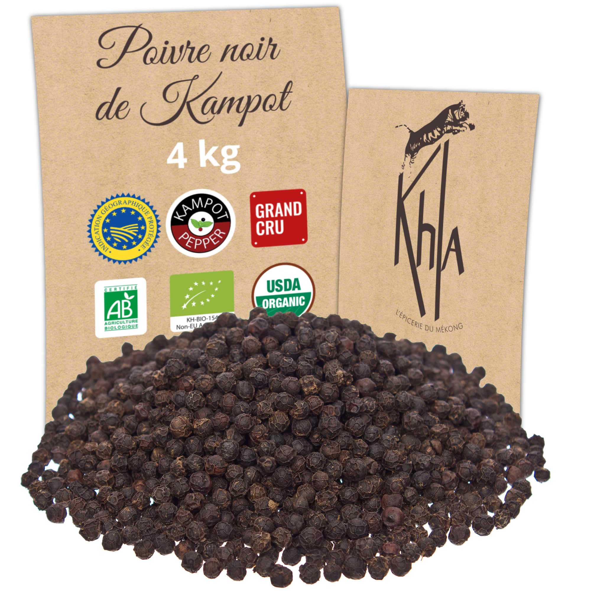 Khla - Poivre Noir de Kampot Certifié Bio 4 kg - Sachet Poivre en Grains Biologique - Grand Cru, Rare & Délicat - Ingrédient Cuisine Épice - Production Limitée - Direct Producteur - Origine Cambodge
