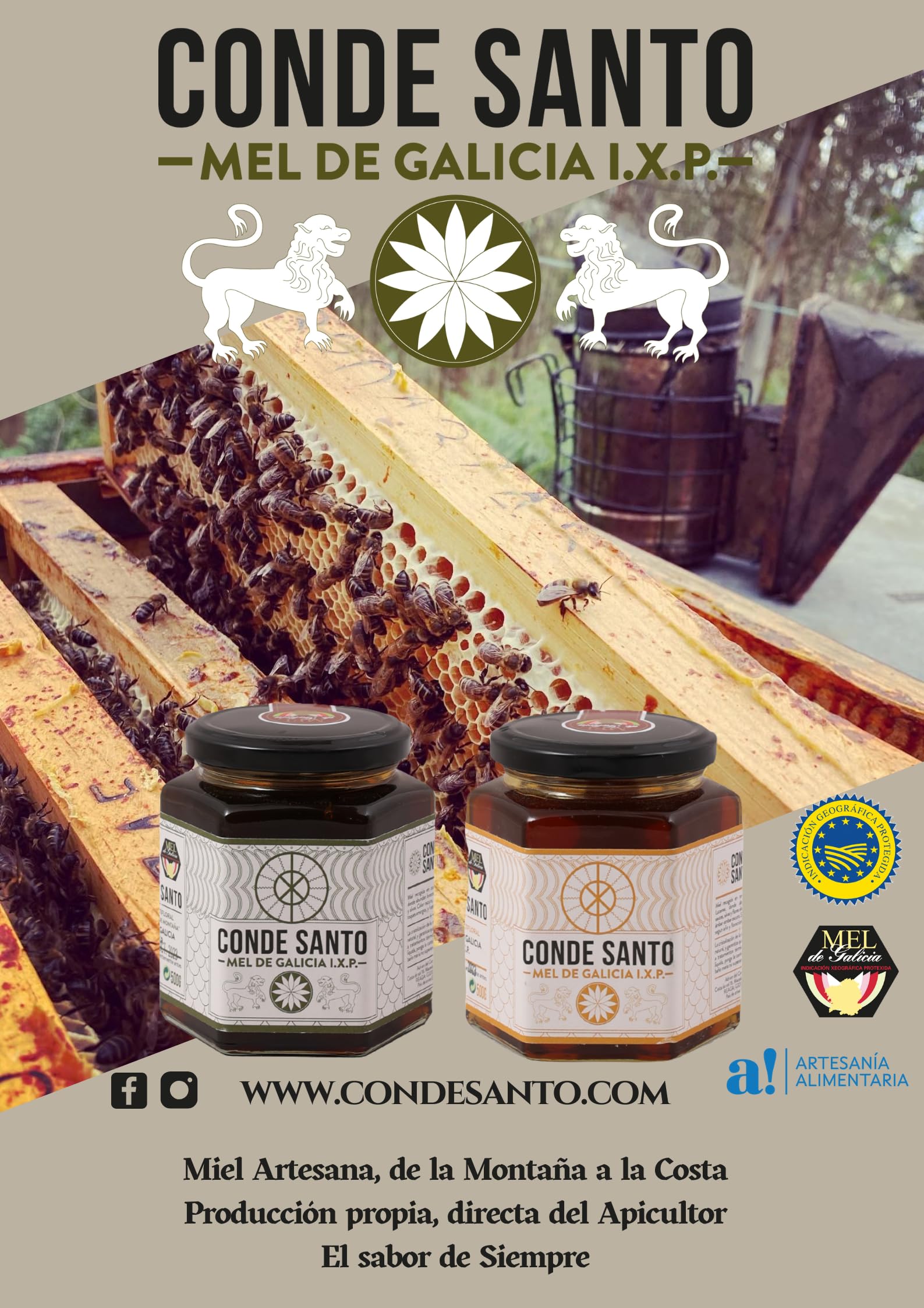 Pack Miel Cruda de Galicia IGP 2 × 500 g – 100% Natural Sin Filtrar ni Pasteurizar | Miel Artesanal Directa del Apicultor | Conde Santo
