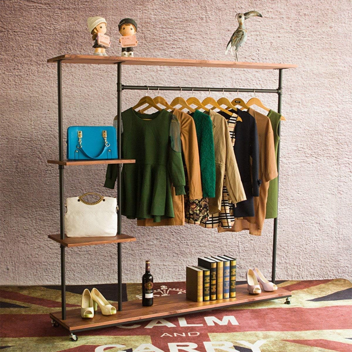 Industrial Style Rolling Clothes Rack with Wheels Pipe Shelves, Heavy Duty Commercial Grade Garment Rack,Bags Organizer,Shoes Storage Wood Shelf 47.2" L x 14" W x 63" H - MZGH ISLAND