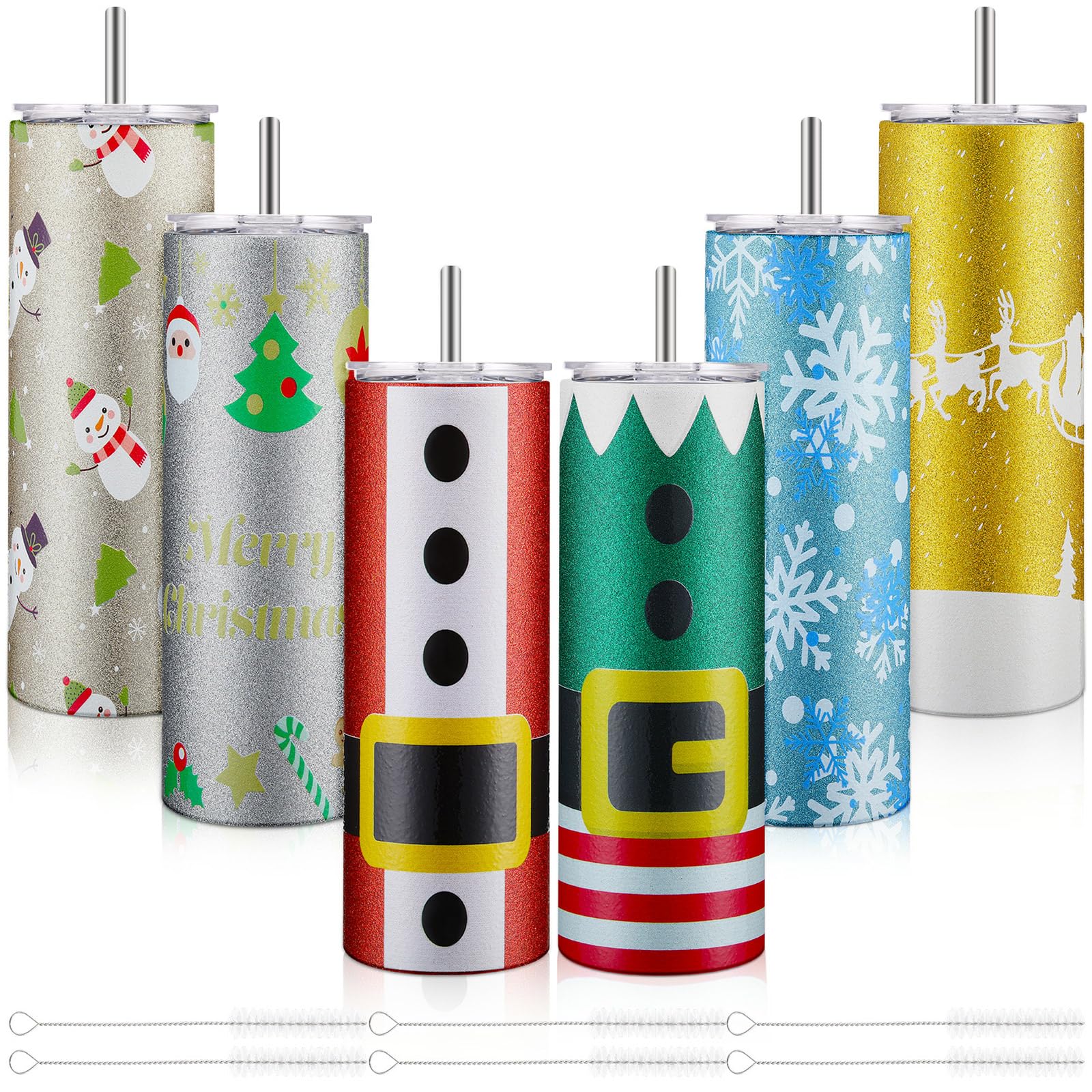 Sliner 6 Stück 590 ml Weihnachtsbecher gerade Edelstahl Skinny Tumbler Bulk Shiny Glitter Cup mit Deckel Strohhalme und Bürsten für Weihnachtsgeschenk Freunde Familie Kinder