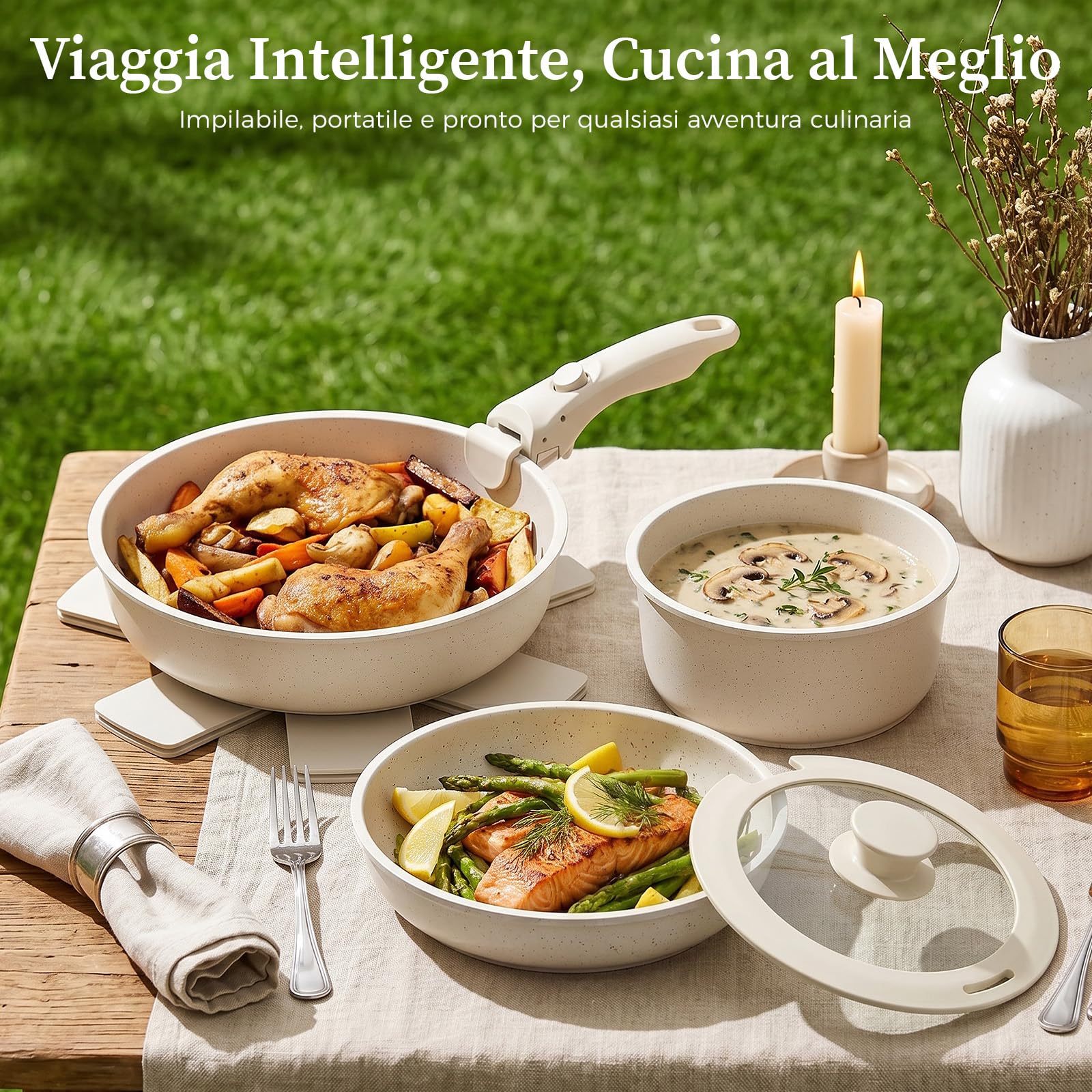 YASHE Pentole induzione 9 pezzi, atossiche, senza PTFE e PFAS | Tegame con Coperchio, Set Pentole e Padelle Antiaderenti in Granito Bianco, Induzione, Salvaspazio Impilabile