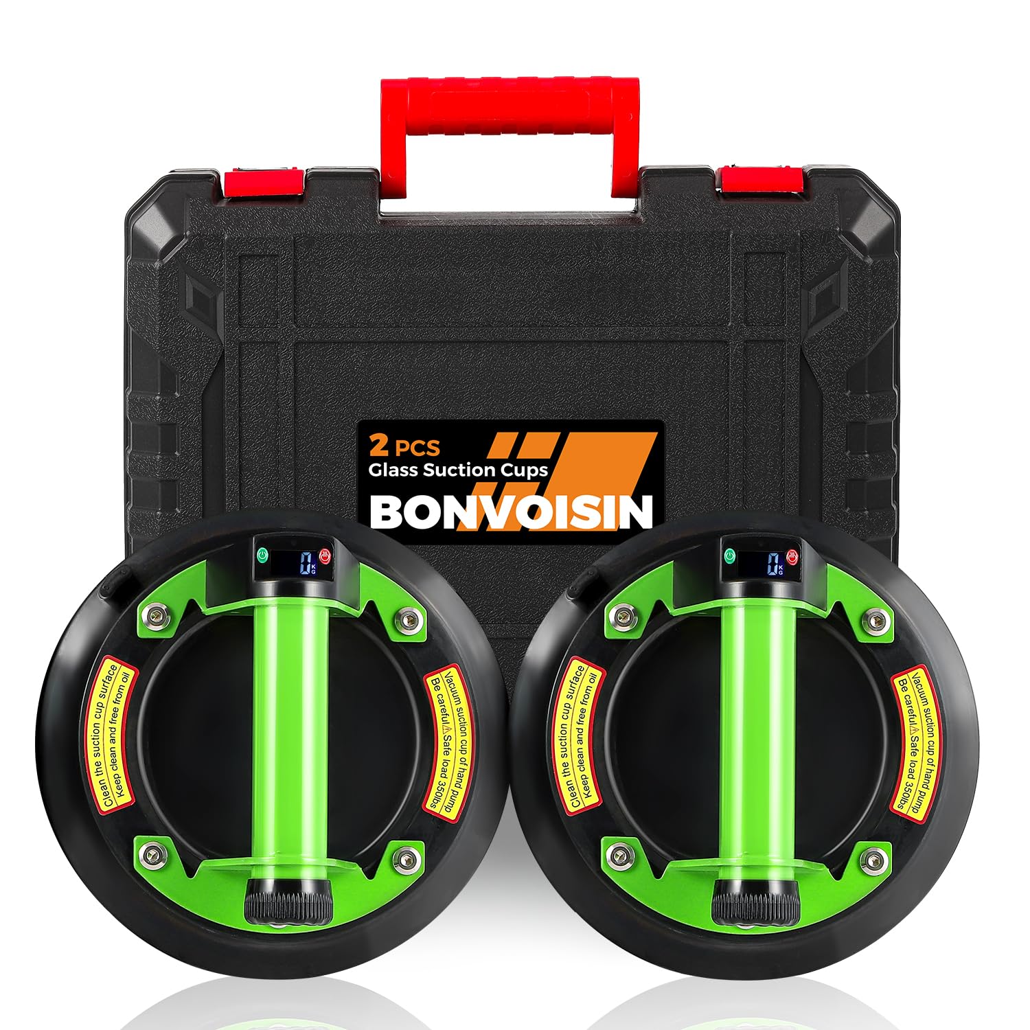 Bonvoisin Ventosa Eléctrica para Azulejos 160kg/350lbs para Vidrio (EU) | Potencia De Succión 350LBS/160KG, Manómetro Visible, 2 Baterías 2000mAh, Paquete De 2, Funcionamiento Un Solo Botón