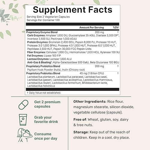 Miniatura 2 de Súper enzimas con prebióticos y probióticos, 240 cápsulas vegetales  Enzimas digestivas de alta potencia para mujeres y hombres  Probióticos,