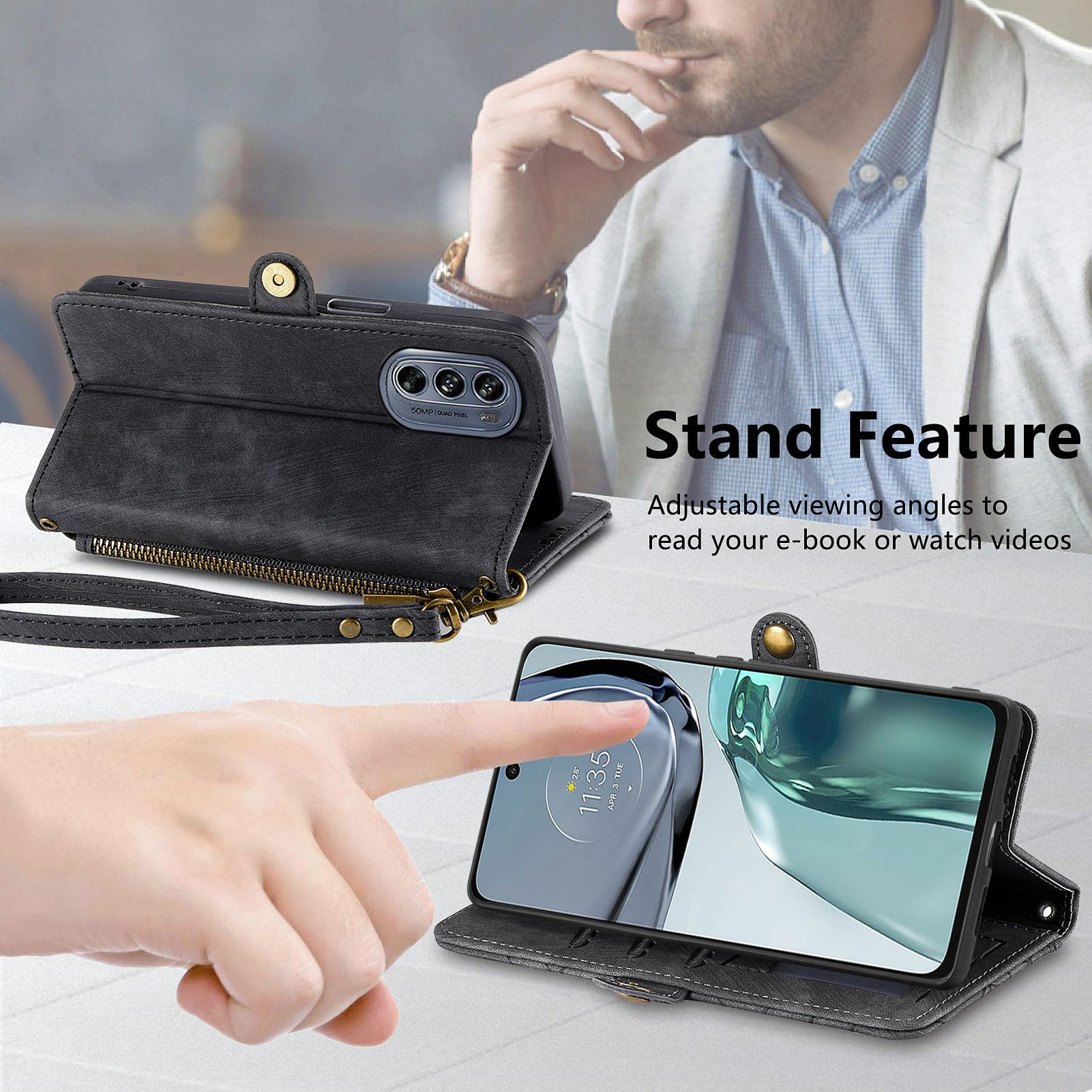 Asuwish Phone Case for Motorola Moto G62 5G Wallet Cover with Tempered Glass Screen Protector and Wrist Strap Leather Flip Zipper Credit Card Holder Stand Cell Accessories G 62 62G Women Men Black - Image 2