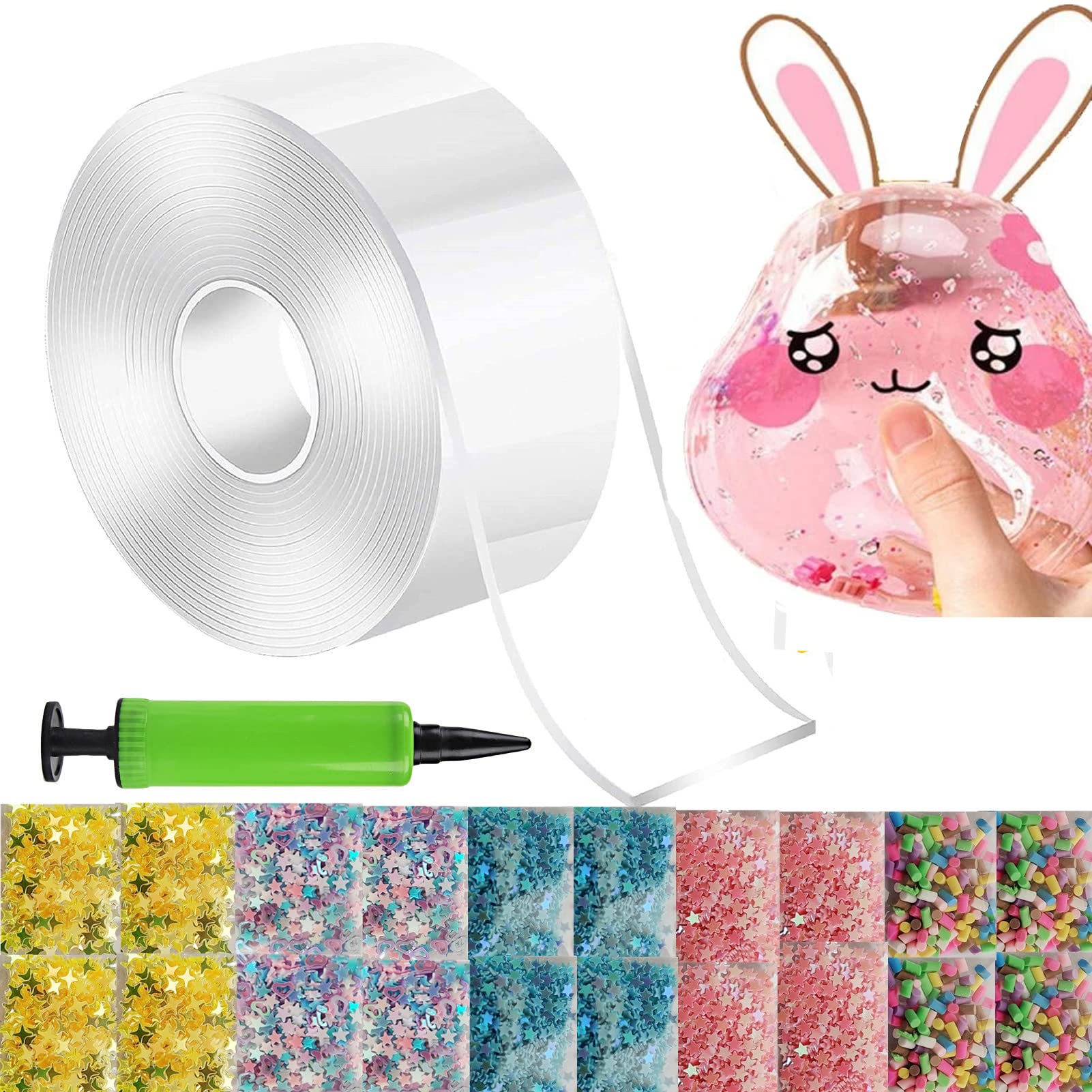 2Pcs Nano Bubble Tape Kit with Balloon Inflator, DIY Multiple Play Methods Intellectual Development, Double Sided Nano Tape Elastic Bubble DIY Craft Kit for Girls, Boys,Party Supplies