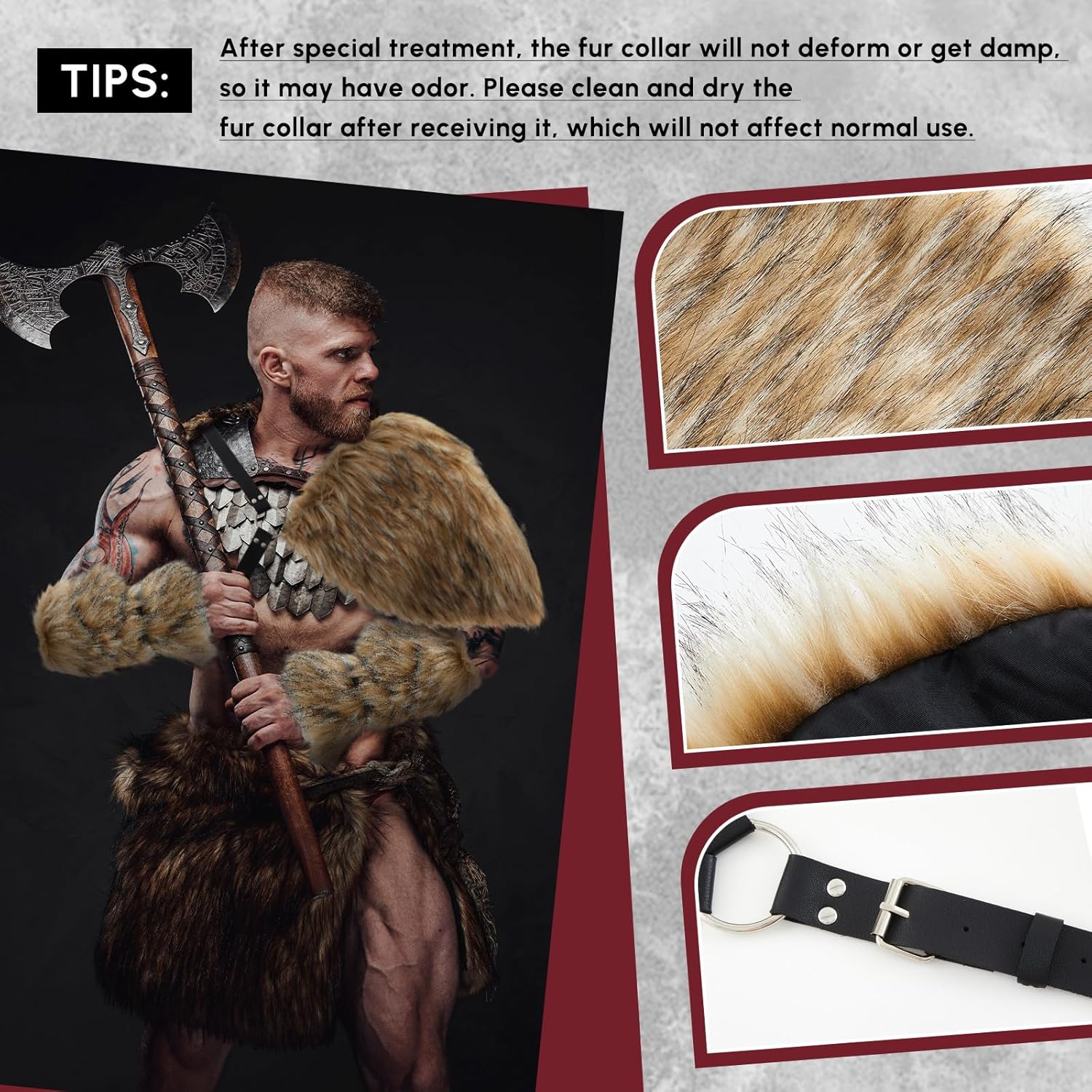 Geyoga 3 Pieces Halloween Mens Viking Costume Medieval Faux Fur Shoulder Armor Arm Cuff Cloak - Image 3