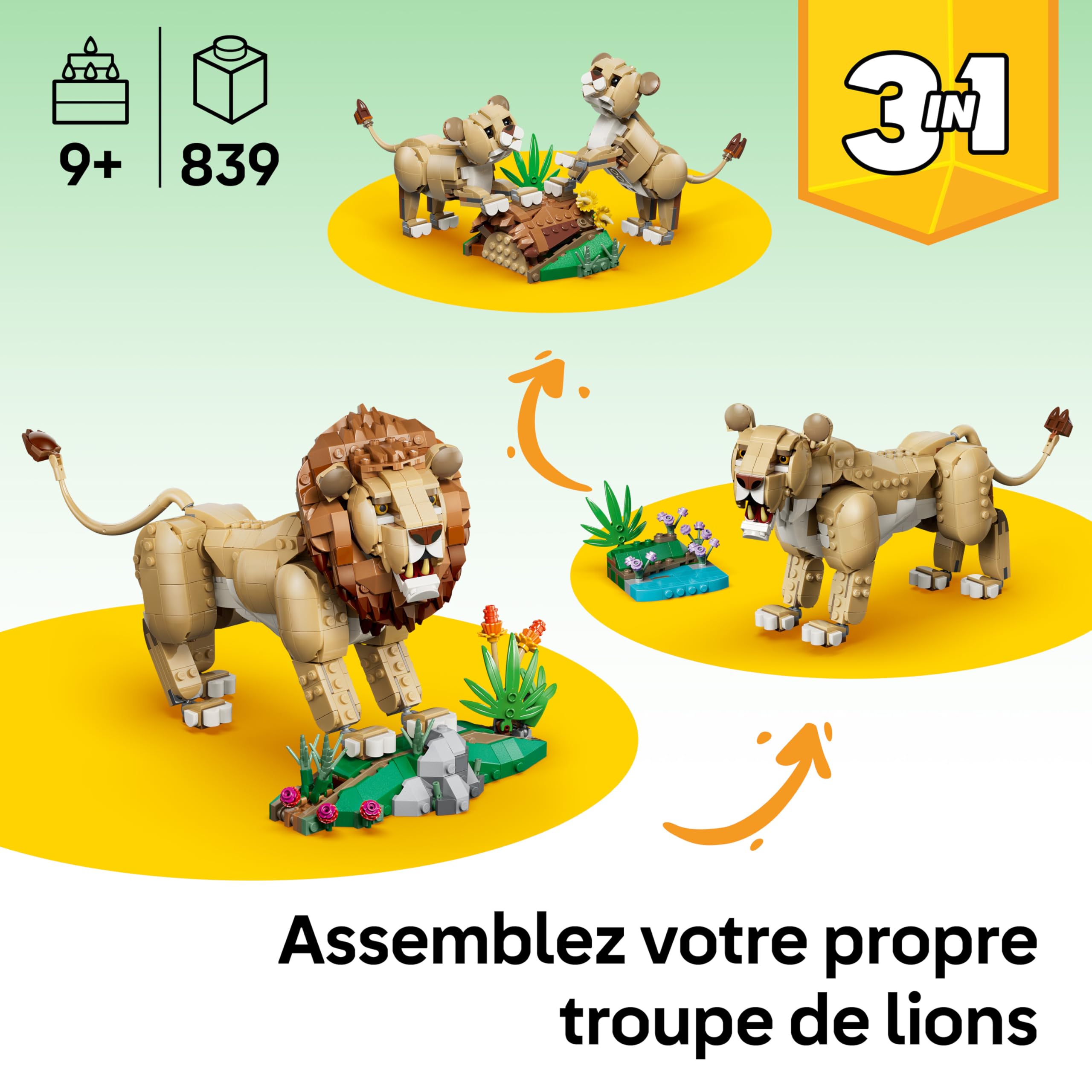 LEGO Creator 3-en-1 Animaux Sauvages : Le Lion Majestueux - Jouet - Figurine d'Animal se Transformant en Lionne ou 2 Lionceaux - Décoration de Chambre d'Enfant DIY - Cadeau Garçon ou Fille 9 ans 31386