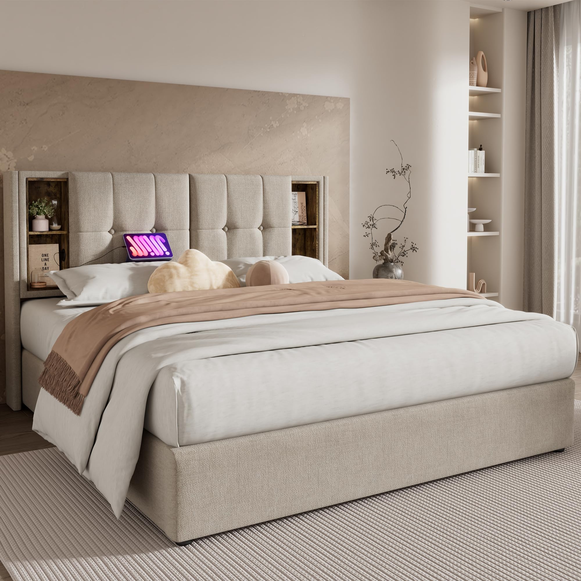 Camas matrimoniales, con Carga inalámbrica USB C, somier 160x200cm, somier con Espacio de Almacenamiento, Camas Infantiles, canape 160x200, algodón Gris (sin colchón)