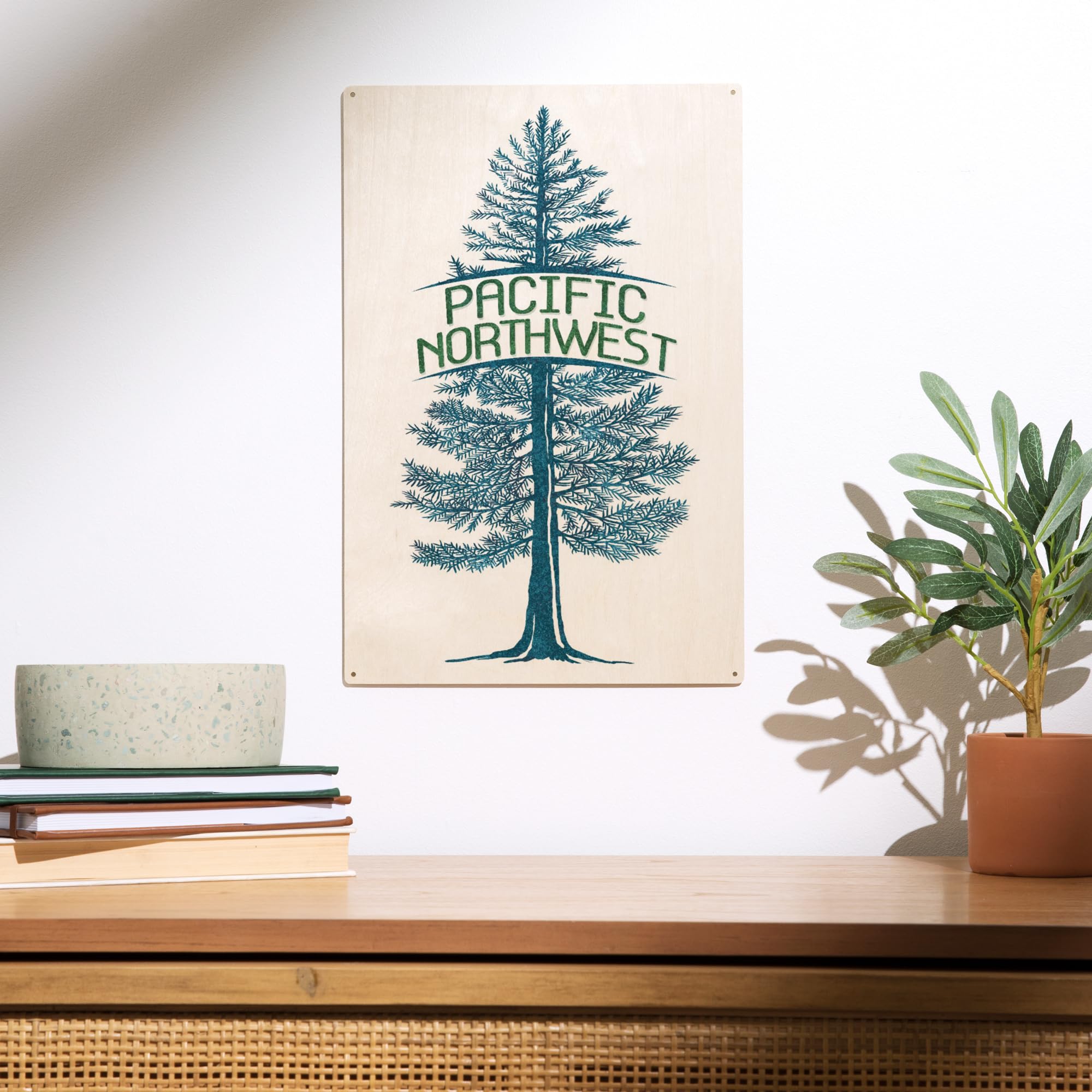 Lantern Press 10x15 Inch Wood Sign, Ready to Hang Wall Decor, Pacific Northwest, Blue Spruce Tree, Green Type