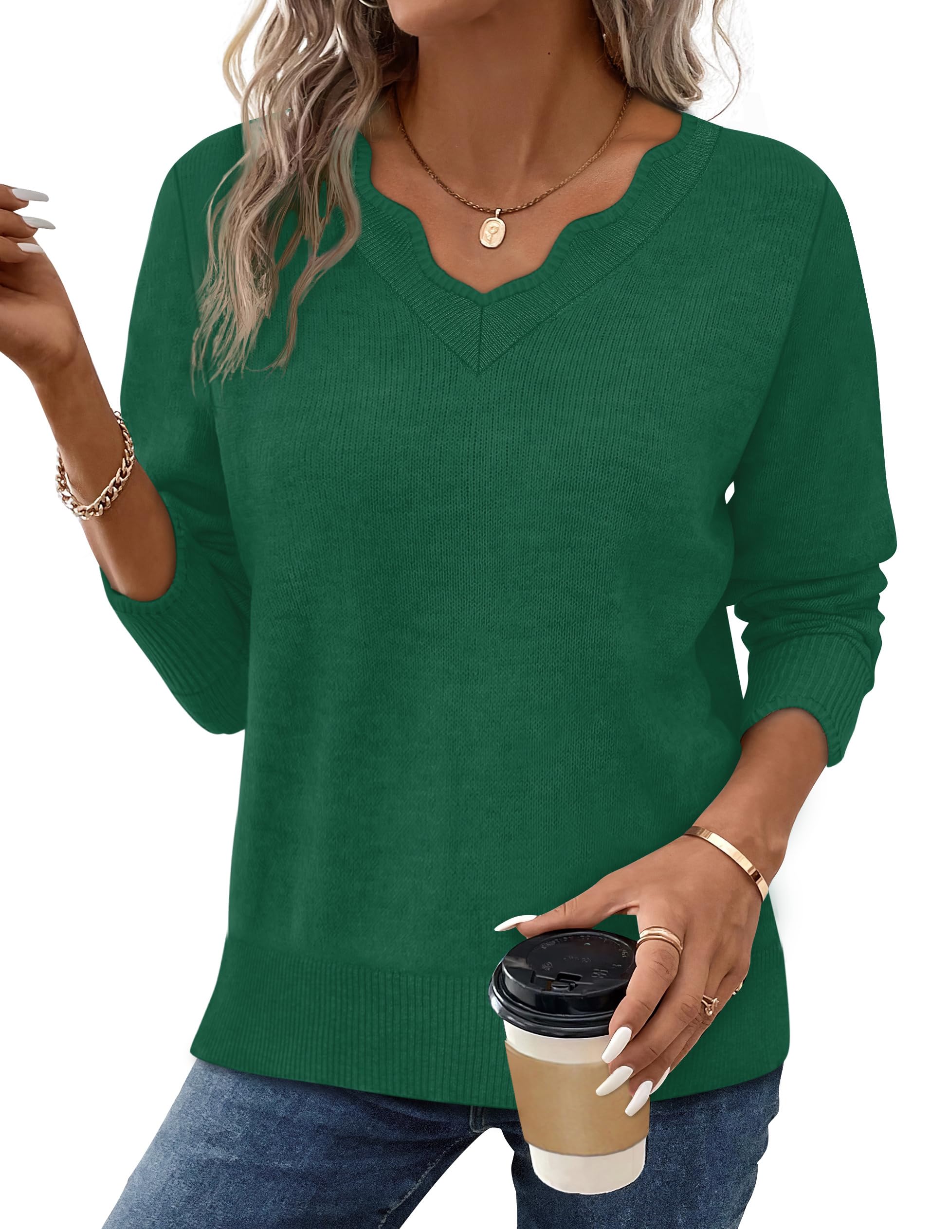 OFEEFAN Womens V Neck Sweaters Pullover Cozy Lightweight Sweaters Long Sleeve Tops Fall Outfits 2025