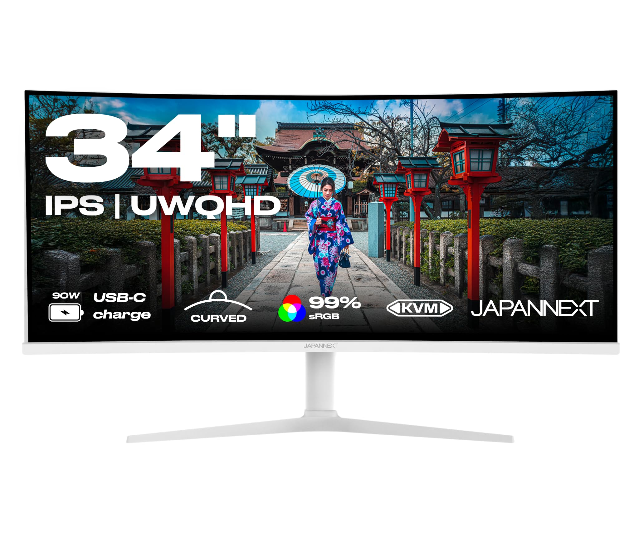 JapanNext Monitor Curvo Blanco 34" IPS UWQHD (3440x1440) | HDR & KVM | Carga vía USB-C (65W) Altura Ajustable Altavoces Integrados | G-Sync/FreeSync | JN-IPS34Q-HC6-W