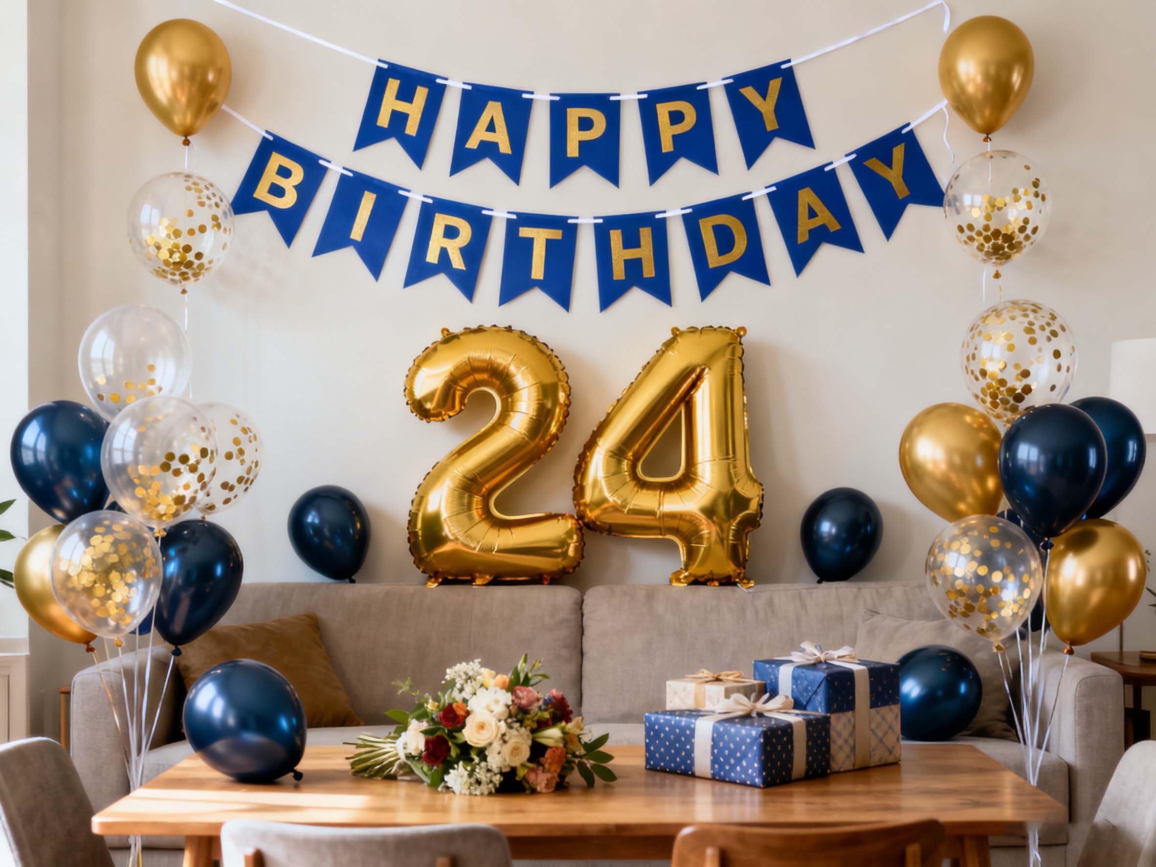 24th Birthday Decorations for Men, Blue Birthday Banner Gold Number 24 Foil Confetti Balloons Metallic Latex Confetti Balloons for Men Him Women Her 24 Years Old Birthday Supplies(24th)