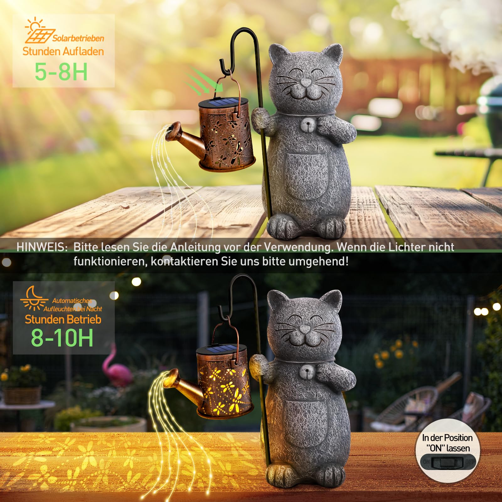 Hinshark Geschenke für Frauen Mama, Katze Garten Deko Gartenstatuen mit Solar Laterne, Geburtstagsgeschenk für Frauen, Gartendeko für Draußen Wetterfest, Geschenke für Frauen Weihnachten