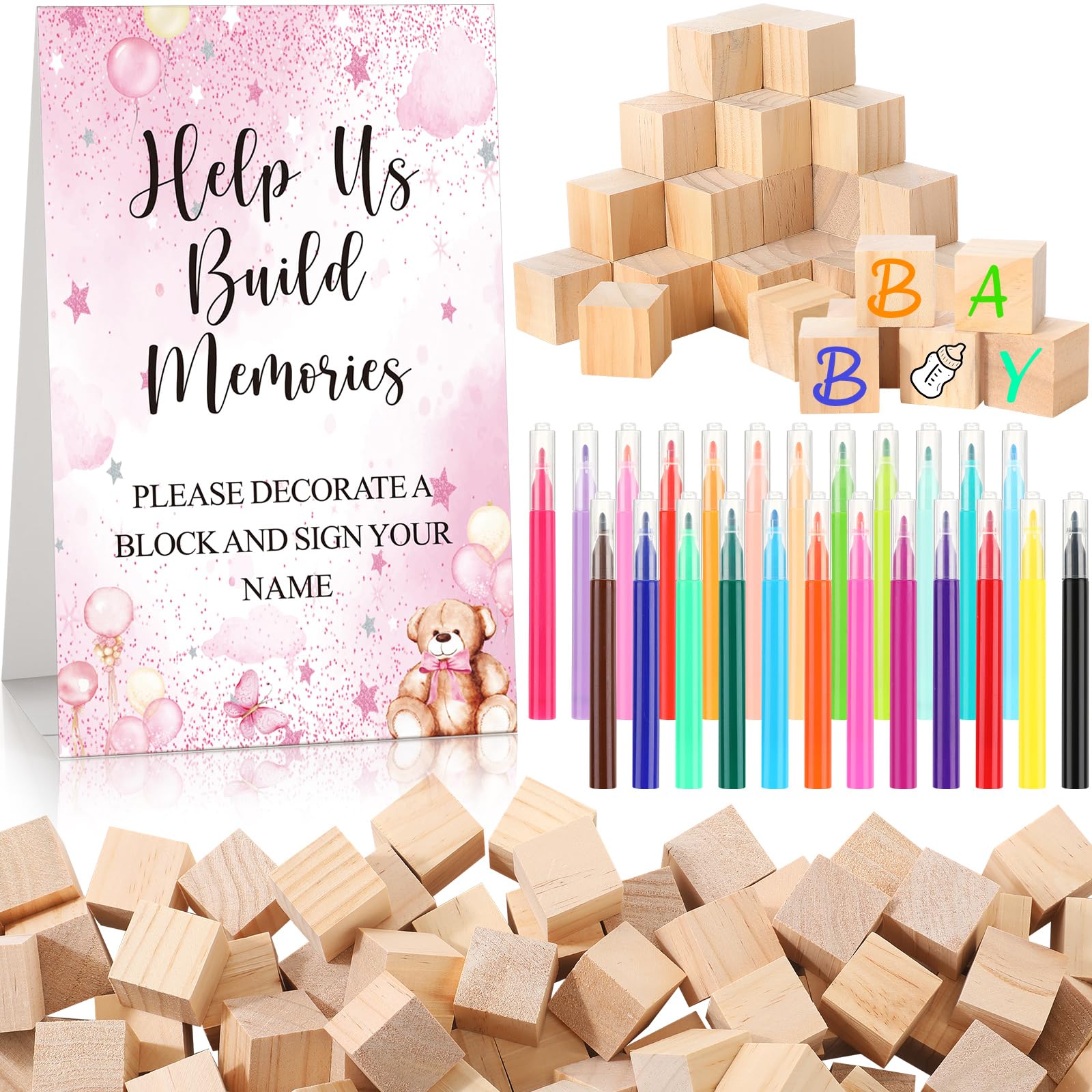 125 Pcs Baby Shower Decorate a Block Game Set Includes Help Us Build Memories Sign 100 DIY Blank Wooden Block 24 Paint Marker Prize for Wedding Baby Shower Game(Pink Bear)