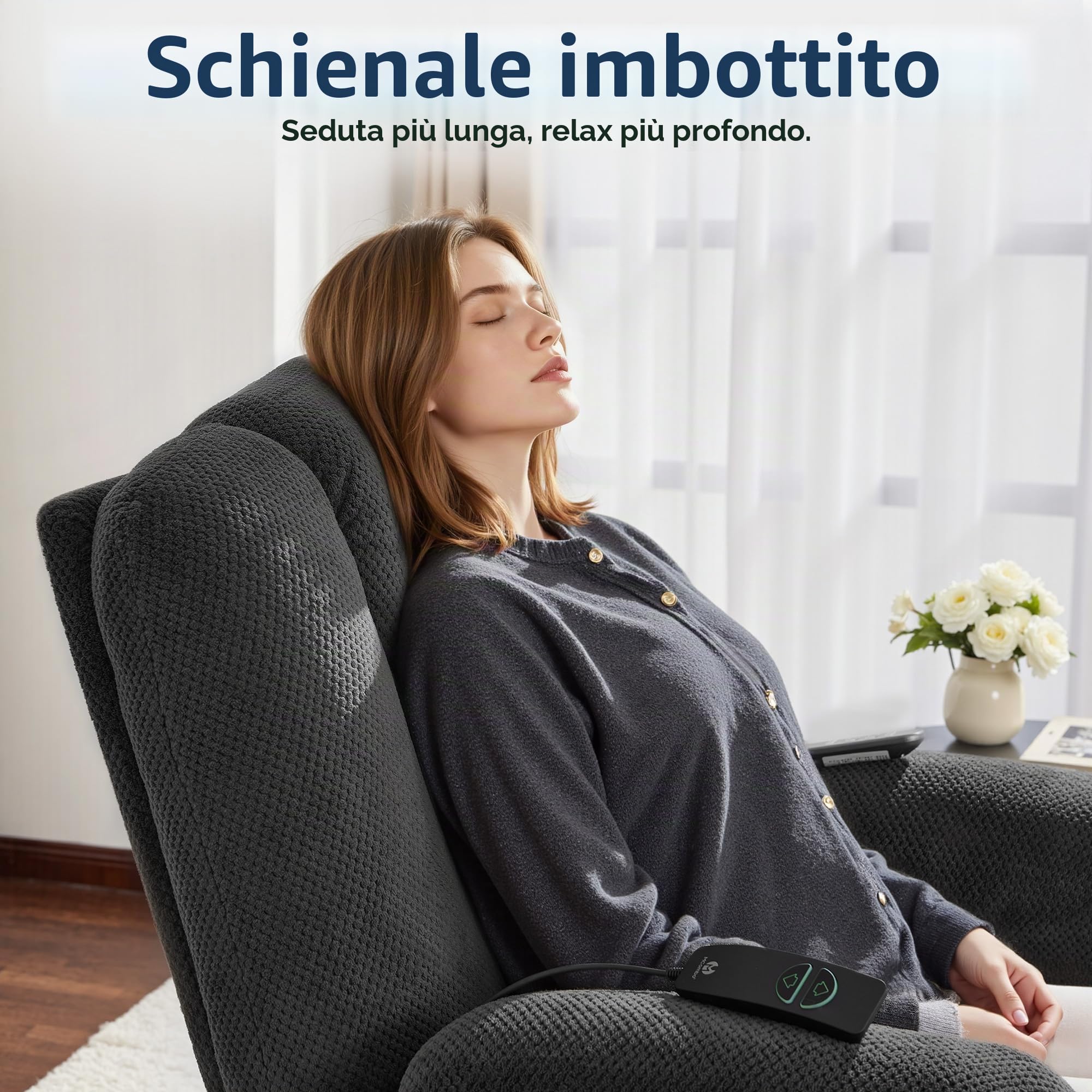 MCombo M Poltrona TV Regolabile elettricamente, poltrona reclinabile con funzione di reclinazione, poltrona TV con funzione Massaggio e Calore, USB e portabicchieri, Tessuto,7008 (grigio scuro)
