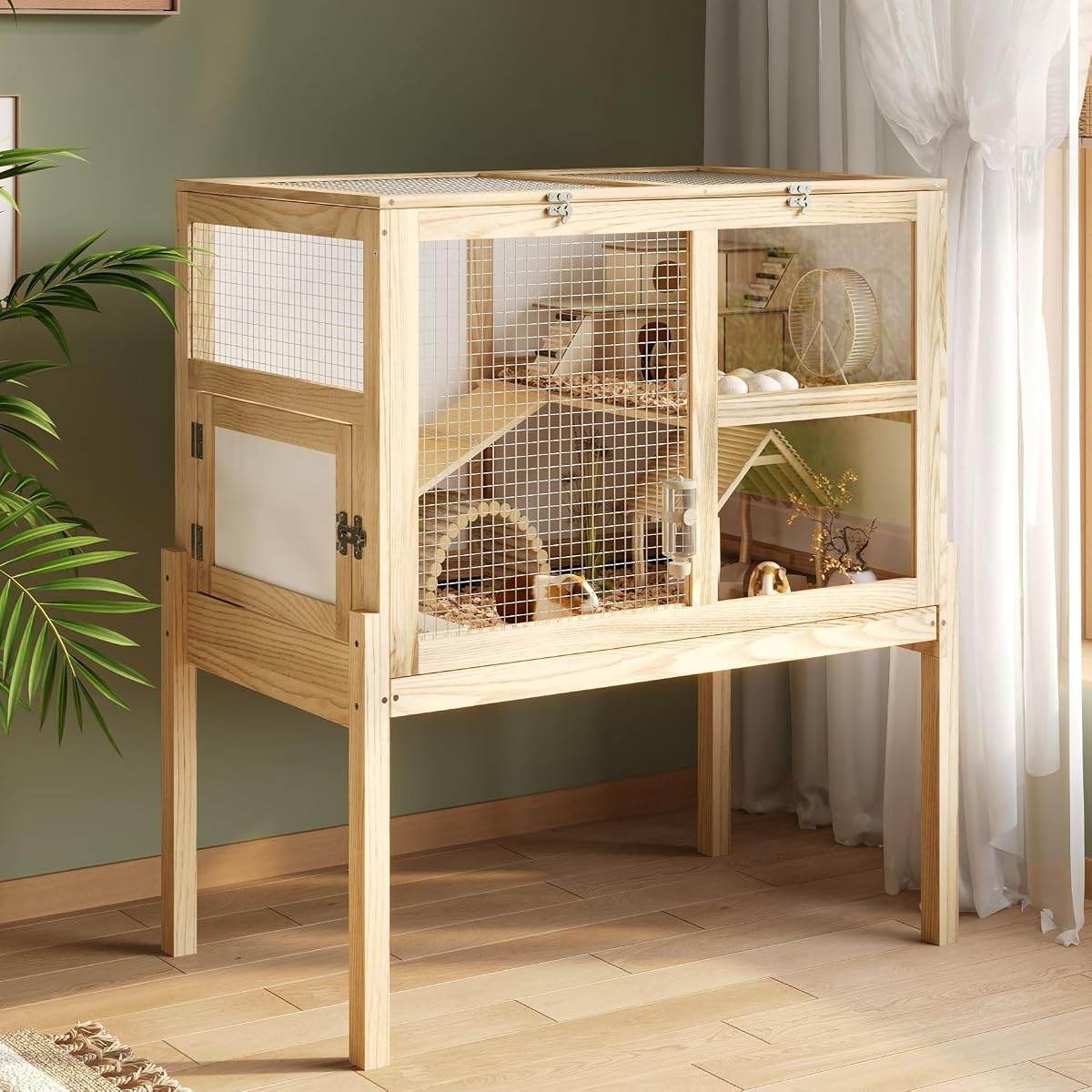 Guinea Pig Cages for 2, Rabbit Hamster Cage with Wooden Stand | 2-Story Large Indoor Small Animal House with a Pull Out Tray and Ramp, Guinea Pig Hideout Platform for Hamster