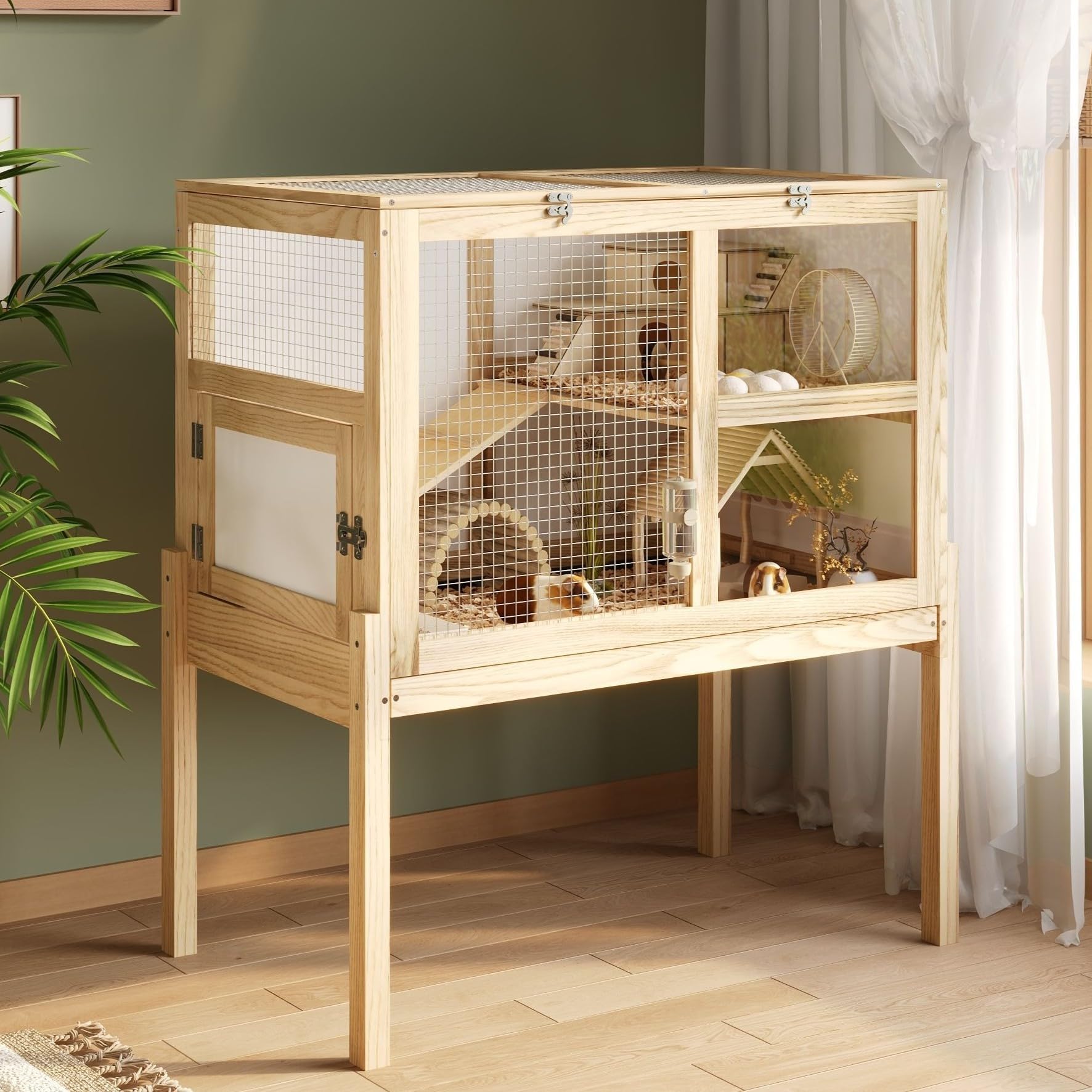 2-Story Guinea Pig Cages for 2, Rabbit Critter Nation Cage with Wooden Stand, Large Indoor Small Animal House with a Pull Out Tray and Ramp, Guinea Pig Hideout Platform for Hamster,Natural