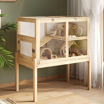 2-Story Guinea Pig Cages for 2, Rabbit Critter Nation Cage with Wooden Stand, Large Indoor Small Animal House with a Pull Out Tray and Ramp, Guinea Pig Hideout Platform for Hamster,Natural