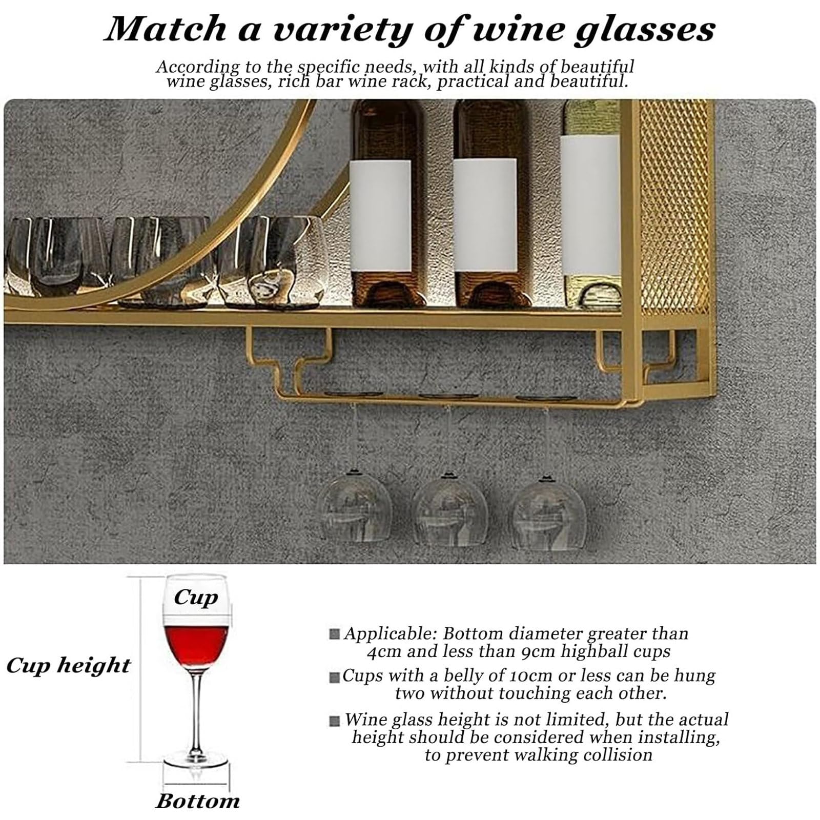 Portabottiglie da Parete, Elegante Espositore in Ferro e Portabicchiere Invertito, Portabottiglie Rotonde Industriali Sospese, Mensole Sospese per Unità Bar, Espositore in Ferro per Bicchieri per Ca