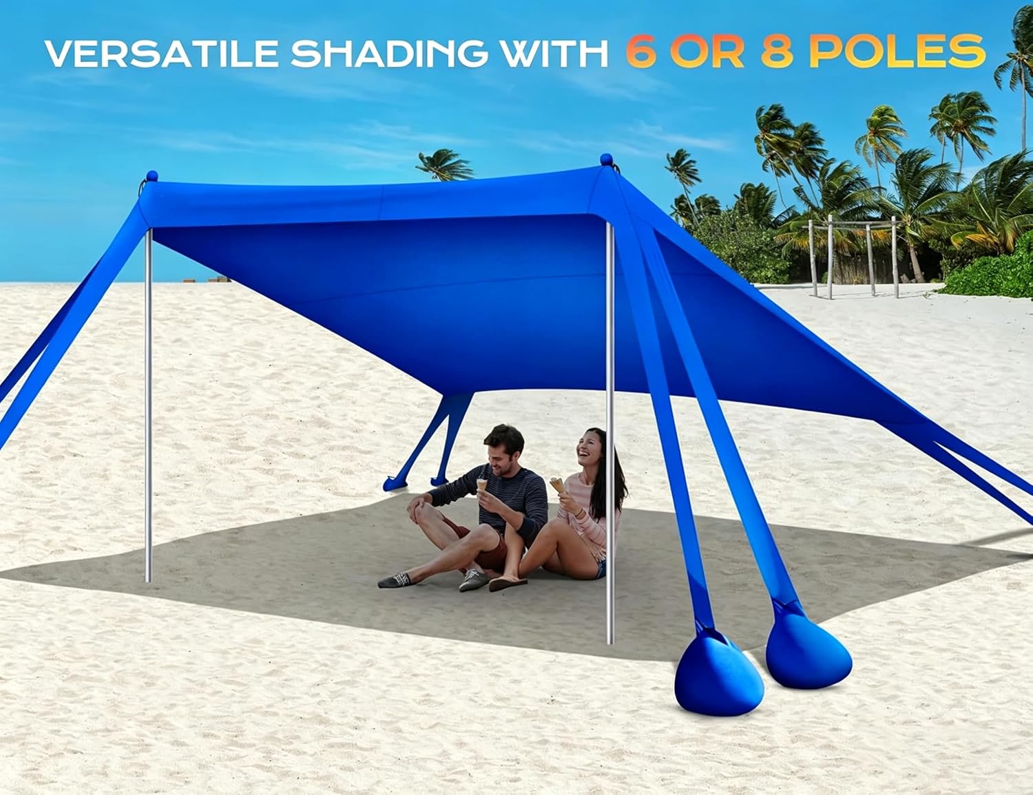 Rengue Beach Tent, Beach Canopy UPF50+ UV Protection, 10x10ft Beach Shade Sun Shelter with 8 Sandbags, Sand Shovels, Ground Pegs, Stability Poles for Camping, Fishing, Picnic, Backyard Fun, Royal Blue