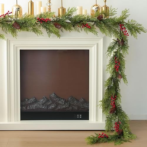 MIZII Guirnalda de pino artificial de 6 pies con bayas de piña, guirnalda de vegetación sintética, decoraciones navideñas para chimenea, chimenea,