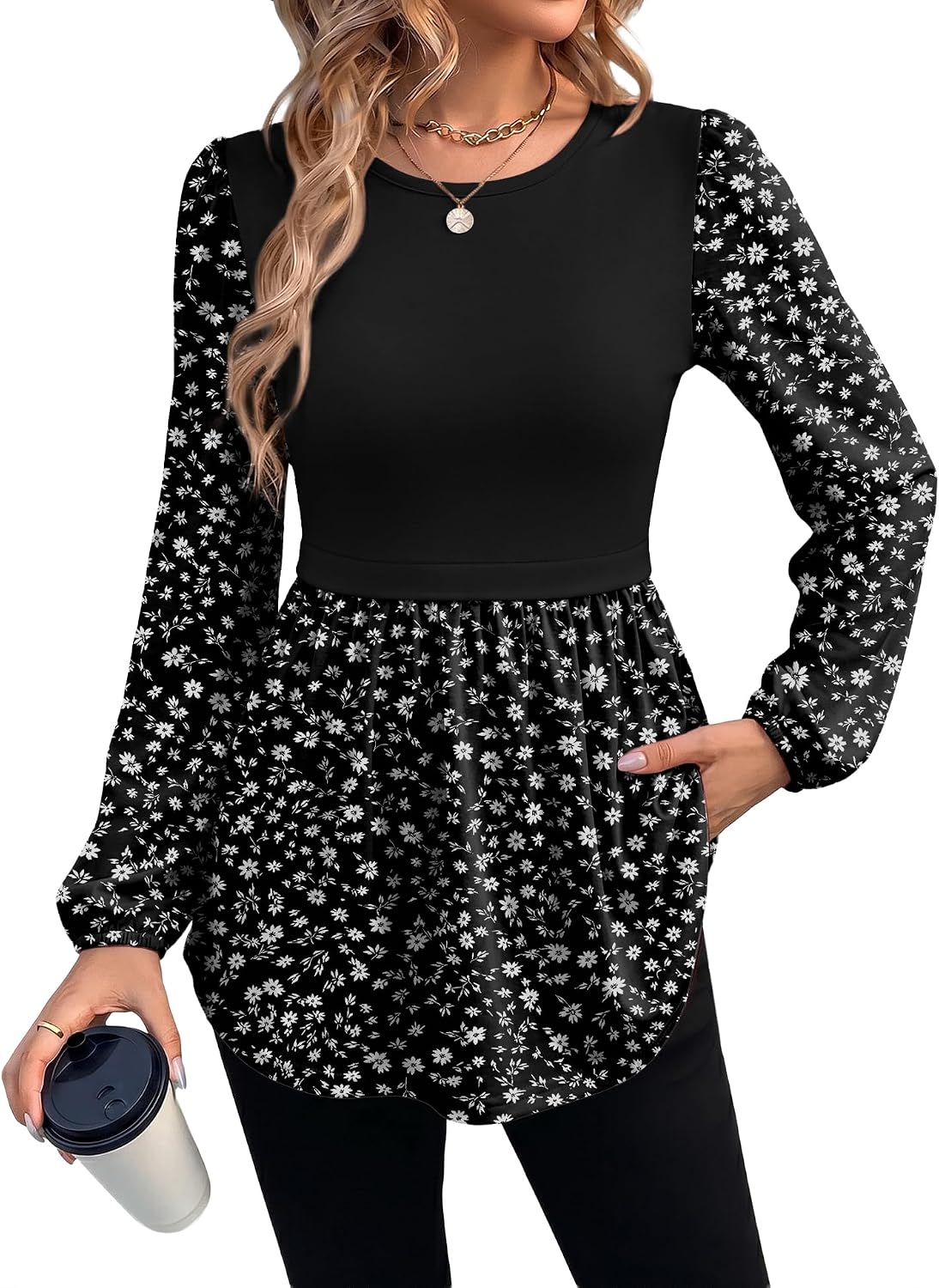 WIHOLL Womens Long Sleeve Peplum Tunic Tops, Black Floral, XL